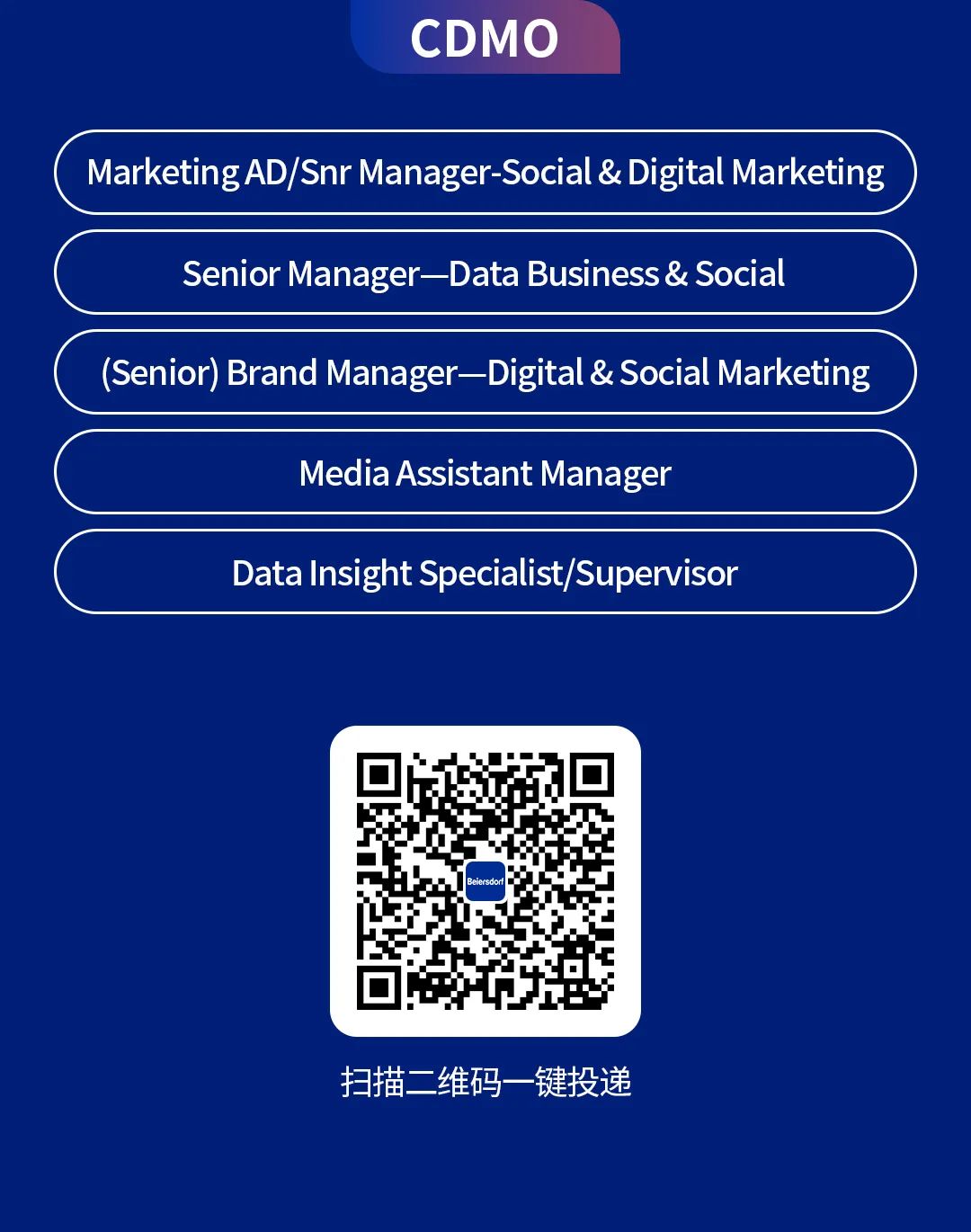 <p>CDMO</p>
<p>Marketing AD/Snr Manager_Social & Digital Marketing<br/>Senior Manager-Data Business & Social</p>
<p>(Senior) Brand Manager-Digital & Social Marketing</p>
<p>MediaAssistant Manager</p>
<p>Data Insight Specialist/Supervisor</p>
<p>扫描二维码一键投递</p>
