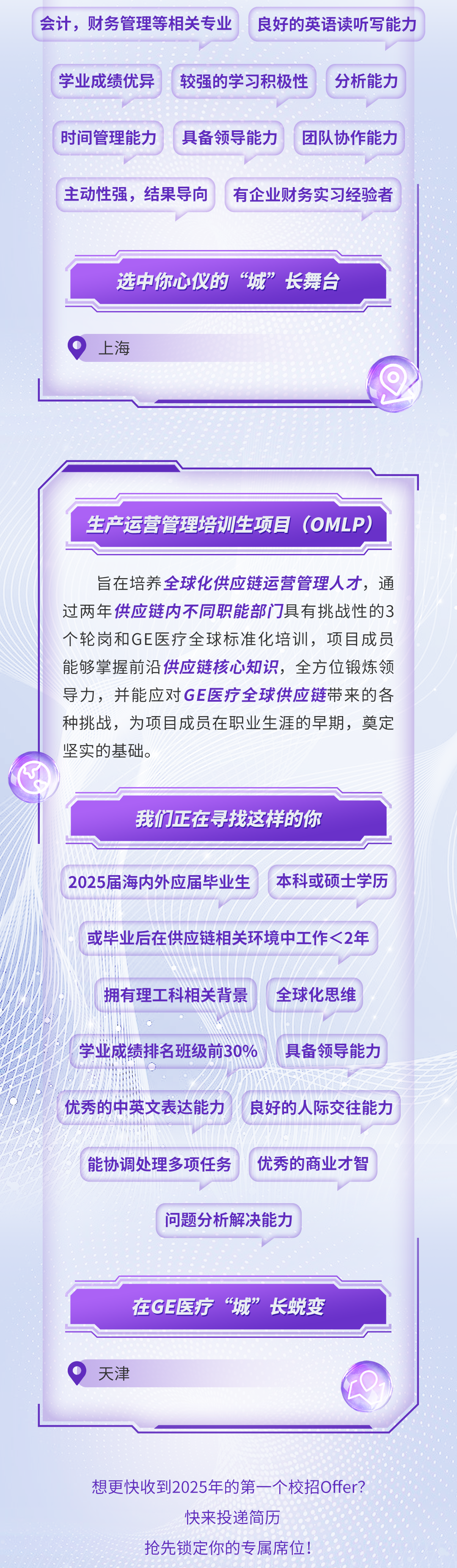 <p>会计，财务管理等相关专业良好的英语读听写能力</p>
<p>学业成绩优异</p>
<p>较强的学习积极性</p>
<p>分析能力</p>
<p>时间管理能力</p>
<p>具备领导能力</p>
<p>团队协作能力</p>
<p>主动性强，结果导向</p>
<p>有企业财务实习经验者</p>
<p>选中你心仅的<br/>“城”<br/>长舞台</p>
<p>上海</p>
<p>生产运营管理培训生项目(OMLP)</p>
<p>旨在培养全球化供应链运营管理人才，通<br/>过两年供应链内不同职能部门具有挑战性的3<br/>个轮岗和GE医疗全球标准化培训，项目成员<br/>能够掌握前沿供应链核心知识，全方位锻炼领<br/>导力，并能应对GE医疗全球供应链带来的各<br/>种挑战，为项目成员在职业生涯的早期，奠定<br/>坚实的基础。</p>
<p>我们正在寻找这样的你</p>
<p>2025届海内外应届毕业生</p>
<p>本科或硕士学历</p>
<p>或毕业后在供应链相关环境中工作<2年</p>
<p>拥有理工科相关背景</p>
<p>全球化思维</p>
<p>学业成绩排名班级前30%具备领导能力<br/>优秀的中英文表达能力良好的人际交往能力</p>
<p>能协调处理多项任务</p>
<p>优秀的商业才智</p>
<p>问题分析解决能力</p>
<p>在GE医疗“城”<br/>长蜕变</p>
<p>天津</p>
<p>想更快收到2025年的第一个校招Offer?</p>
<p>快来投递简历</p>
<p>抢先锁定你的专属席位!</p>
