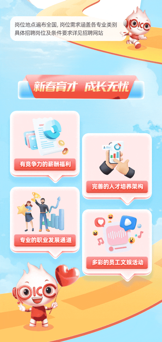 <p>岗位地点遍布全国,岗位需求涵盖各专业类别c@</p>
<p>具体招聘岗位及条件要求详见招聘网站</p>
<p>'新春育才成长无忧</p>

<table>
<tr><td rowspan="2">.1V"  。有竞争力的薪酬福利</td>
<td></td>
</tr>
<tr><td rowspan="2">。a'完善的人才培养架构</td>
</tr>
<tr><td>e</td>
</tr>
<tr><td>专业的职业发展通道乐</td>
<td>uQ  小 ss 多彩的员工文娱活动</td>
</tr>
</table>
