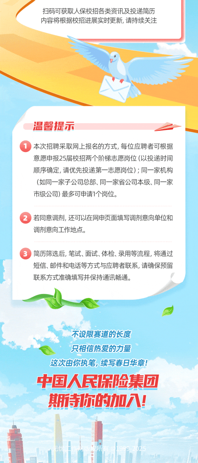 <p>扫码可获取人保校招各类资讯及投递简历</p>
<p>内容将根据校招进展实时更新,请持续关注</p>
<p>温馨提示</p>
<p>1本次招聘采 取网.上报名的方式,每位应聘 者可根据</p>
<p>意愿申报25届校招两个阶梯志愿岗位(以投递时间</p>
<p>顺序确定,请优先投递第一-志愿岗位);同- -家机构</p>
<p>(如同一-家子公司总部、同一家省公司本级、同一家</p>
<p>市级公司)最多可申请1个岗位。</p>
<p> 若同意调剂,还可以在网申页面填写调剂意向单位和</p>
<p>调剂意向工作地点。</p>
<p>' 3简历筛选后,笔试、面试、体检、录用等流程,将通过</p>
<p>短信、邮件和电话等方式与应聘者联系,请确保预留</p>
<p>联系方式准确填写并保持通讯畅通。</p>
<p>不设限赛道的长度</p>
<p>只相信热爱的力量</p>
<p>这次由你执笔,续写春日华章</p>
<p>中国人民保险集团</p>
<p>期诗你的加入!</p>
<p>牌</p>
<p>忧所</p>
