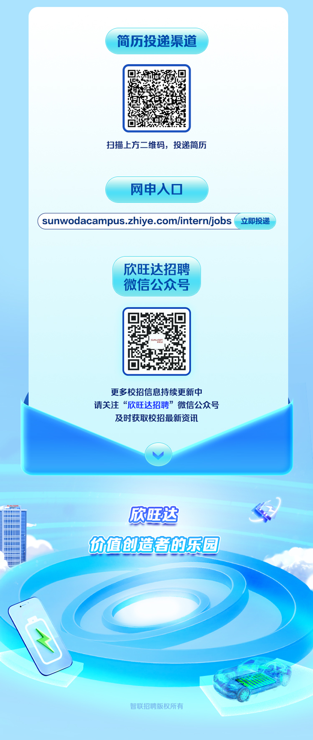 <p>简历投递渠道</p>
<p>扫描上方二维码,投递简历</p>
<p>网申入☐</p>
<p>( sunwodacampus.zhiye.com/intern/jobs 立即投递</p>
<p>欣旺达招聘</p>
<p>微信公众号</p>
<p>更多校招信息持续更新中</p>
<p>请关注&ldquo;欣旺达招聘&rdquo;微信公众号</p>
<p>及时获取校招最新资讯</p>
<p>H</p>
<p>欣旺达</p>
<p>价值创造者的乐园</p>
<p>智联招聘版权所有</p>
