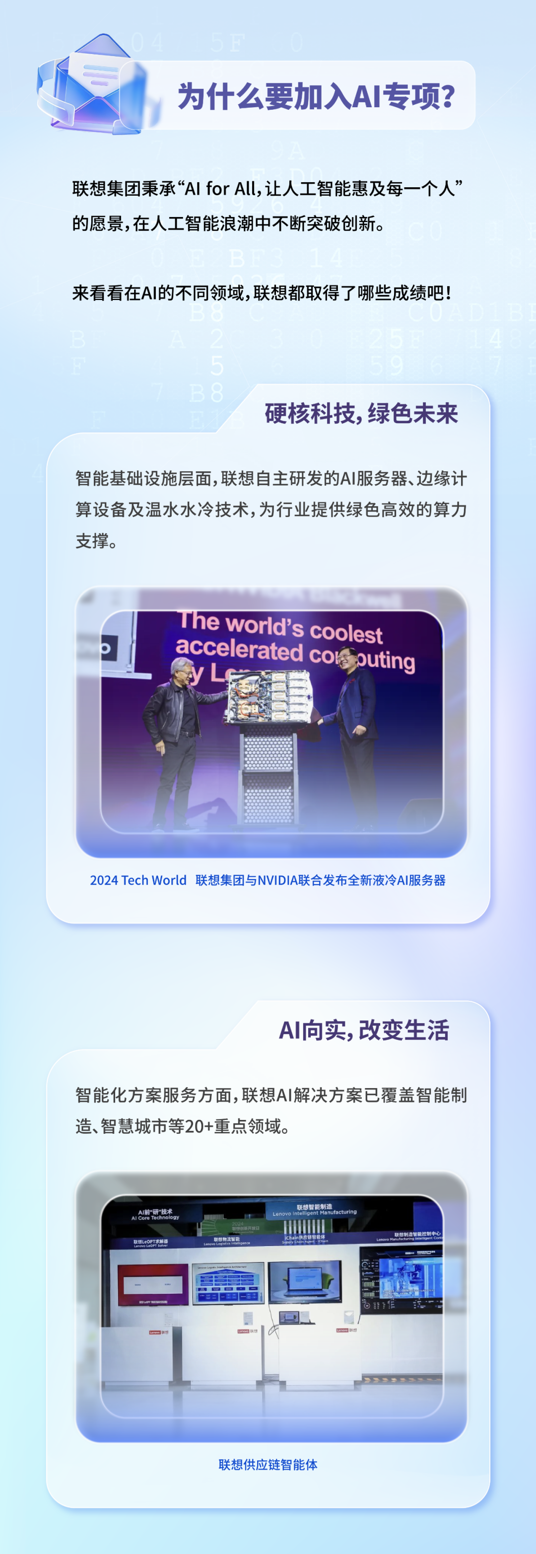 <p>为什么要加入AI专项?</p>
<p>联想集团秉承&ldquo;AI forAll,让人工智能惠及每一个人&rdquo;<br/>的愿景,在人工智能浪潮中不断突破创新。</p>
<p>来看看在AI的不同领域，联想都取得了哪些成绩吧!</p>
<p>硬核科技，绿色未来</p>
<p>智能基础设施层面,联想自主研发的AI服务器、边缘计<br/>算设备及温水水冷技术,为行业提供绿色高效的算力<br/>支撑。</p>
<p>The world's coolest<br/>accelerated corputing</p>
<p>2024TechWorld 联想集团与NVIDIA联合发布全新液冷AI服务器</p>
<p>AI向实,改变生活</p>
<p>智能化方案服务方面,联想AI解决方案已覆盖智能制<br/>造、智慧城市等20+重点领域。</p>
<p>前"研"技<br/>想LeOPT求解器</p>
<p>联想智能制</p>
<p>联想供应链智能体</p>
