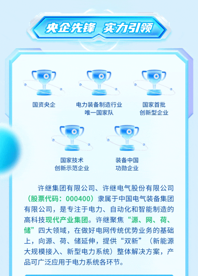 <p>央企先锋 实力引1领</p>
<p>国资央企</p>
<p>电力装备制造行业</p>
<p>唯一国家队</p>
<p>国家首批<br/>创新型企业</p>
<p>国家技术<br/>创新示范企业</p>
<p>装备中国<br/>功勋企业</p>
<p>许继集团有限公司、许继电气股份有限公司<br/>(股票代码:000400)隶属于中国电气装备集团<br/>有限公司，是专注于电力、自动化和智能制造的<br/>高科技现代产业集团。许继聚焦&ldquo;源、网、荷、<br/>储&rdquo;四大领域，在做好电网传统优势业务的基础<br/>上，向源、荷、储延伸，提供&ldquo;双新&rdquo;(新能源<br/>大规模接入、新型电力系统)整体解决方案，产<br/>品可广泛应用于电力系统各环节。</p>
