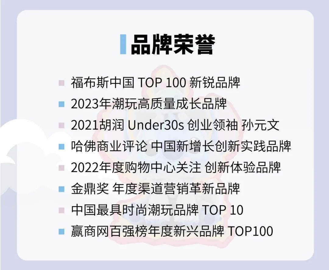 <p>品牌荣誉</p>
<p>福布斯中国TOP100新锐品牌</p>
<p>2023年潮玩高质量成长品牌</p>
<p>2021胡润Under30s创业领袖孙元文<br/>哈佛商业评论中国新增长创新实践品牌<br/>2022年度购物中心关注创新体验品牌<br/>金鼎奖年度渠道营销革新品牌</p>
<p>中国最具时尚潮玩品牌TOP10</p>
<p>赢商网百强榜年度新兴品牌TOP100</p>
