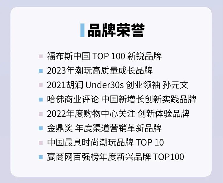 <p>品牌荣誉</p>
<p>福布斯中国TOP100新锐品牌</p>
<p>2023年潮玩高质量成长品牌</p>
<p>2021胡润Under30s创业领袖孙元文<br/>哈佛商业评论中国新增长创新实践品牌<br/>2022年度购物中心关注创新体验品牌<br/>金鼎奖年度渠道营销革新品牌</p>
<p>中国最具时尚潮玩品牌TOP10</p>
<p>赢商网百强榜年度新兴品牌TOP100</p>
