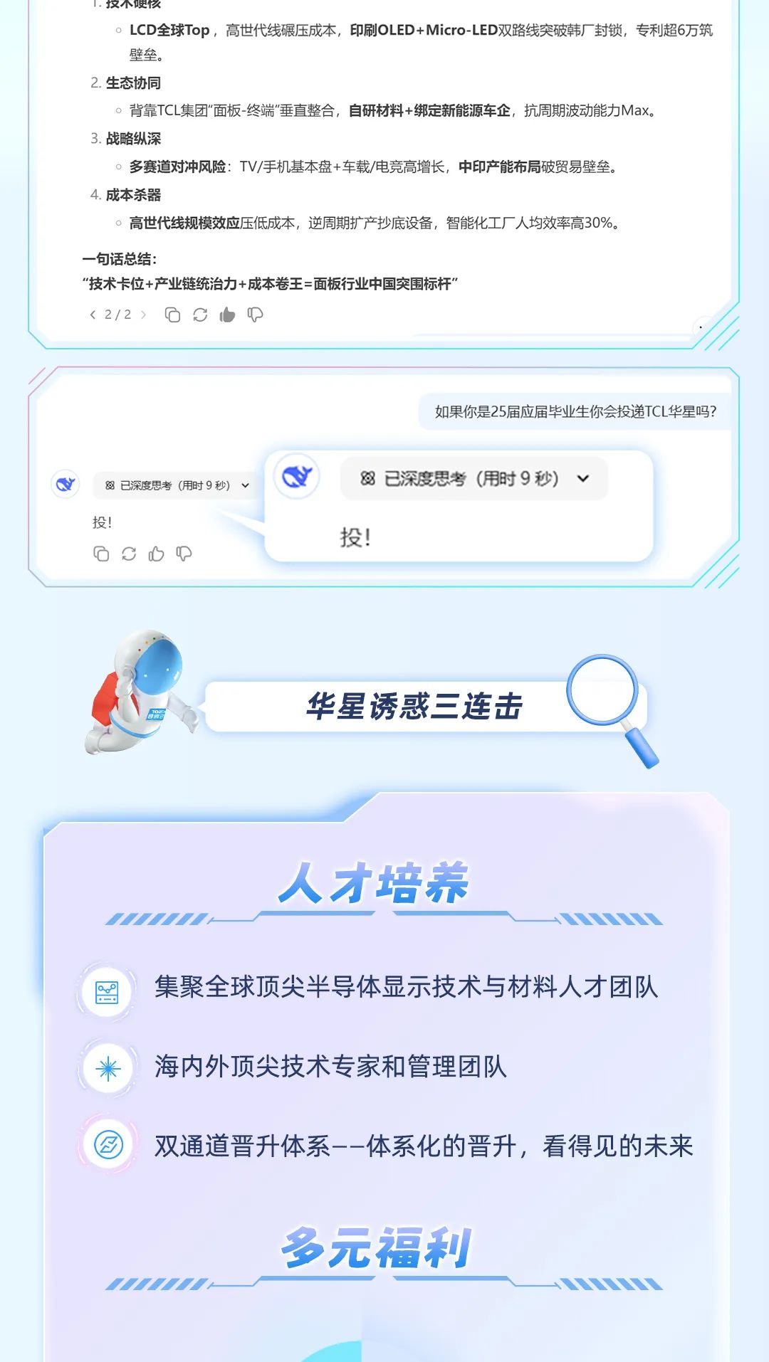 <p>1.仅不哽久</p>
<p>。LCD全球Top，高世代线碾压成本，印刷OLED+Micro-LED双路线突破韩厂封锁，专利超6万筑<br/>壁垒。</p>
<p>2.生态协同</p>
<p>。背靠TCL集团"面板-终端"垂直整合，自研材料+绑定新能源车企，抗周期波动能力Max。</p>
<p>3.战略纵深</p>
<p>。多赛道对冲风险:TV/手机基本盘+车载/电竞高增长，中印产能布局破贸易壁垒。</p>
<p>4.成本杀器</p>
<p>。高世代线规模效应压低成本，逆周期扩产抄底设备，智能化工厂人均效率高30%。</p>
<p>一句话总结:</p>
<p>&ldquo;技术卡位+产业链统治力+成本卷王=面板行业中国突围标杆&rsquo;</p>
<p><2/2></p>
<p>如果你是25届应届毕业生你会投递TCL华星吗?</p>
<p>已深度思考(用时9秒)<br/>投!</p>
<p> </p>
<p>8已深度思考(用时9秒)<br/>投!</p>
<p>华星诱惑三连击</p>
<p>人才培养</p>
<p>集聚全球顶尖半导体显示技术与材料人才团队<br/>海内外顶尖技术专家和管理团队</p>
<p>双通道晋升体系--体系化的晋升，看得见的未来</p>
<p>多元福利</p>
