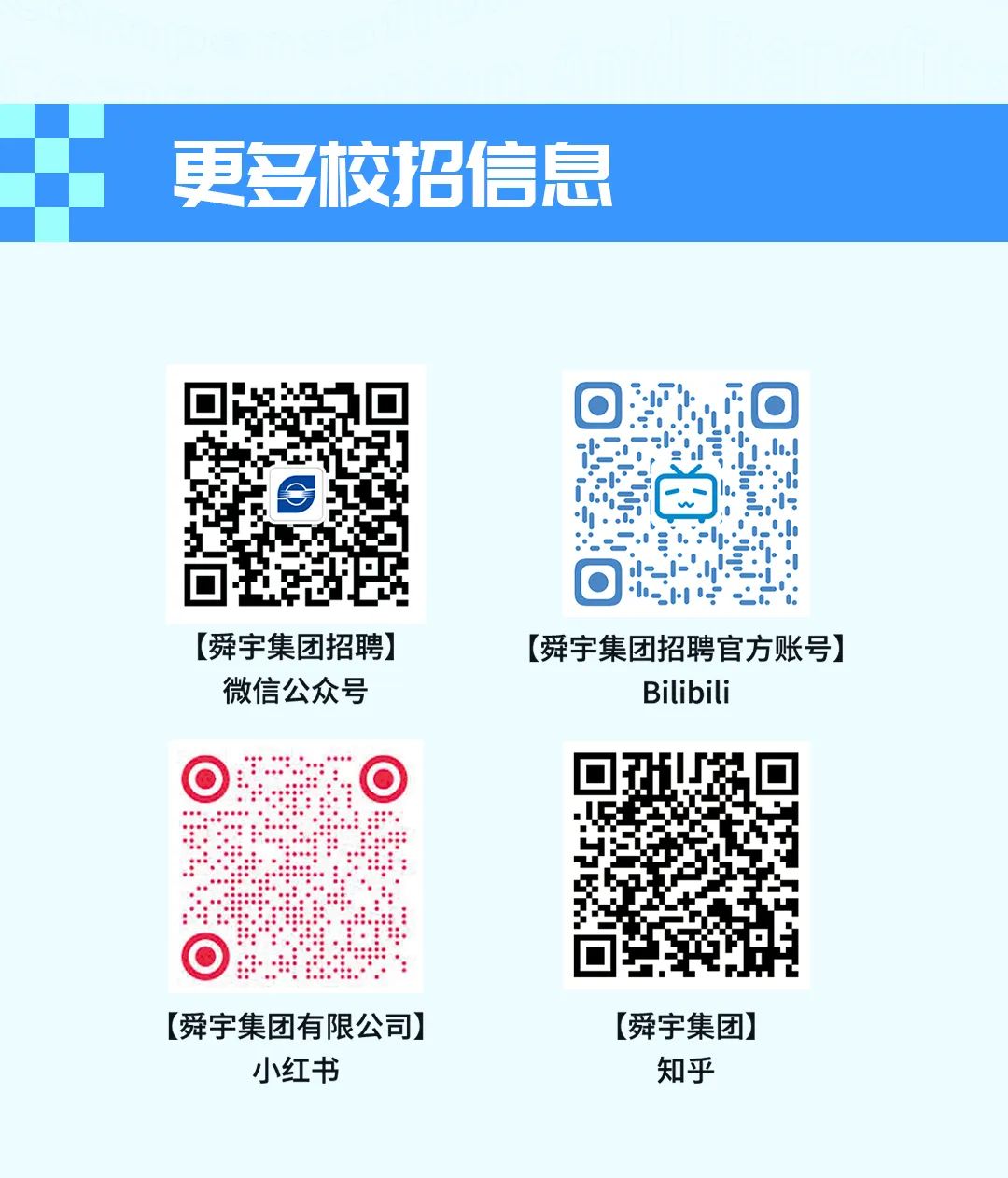 <p>[舜宇集团招聘]</p>
<p>微信公众号</p>
<p>[舜宇集团有限公司]</p>
<p>小红书</p>

<table>
<tr><td></td>
<td></td>
<td></td>
<td rowspan="2">更</td>
<td colspan="2">多校招1</td>
<td rowspan="2"></td>
<td rowspan="2"></td>
<td rowspan="2"></td>
<td></td>
</tr>
<tr><td colspan="3">.</td>
<td></td>
<td></td>
<td>言息</td>
</tr>
</table>
