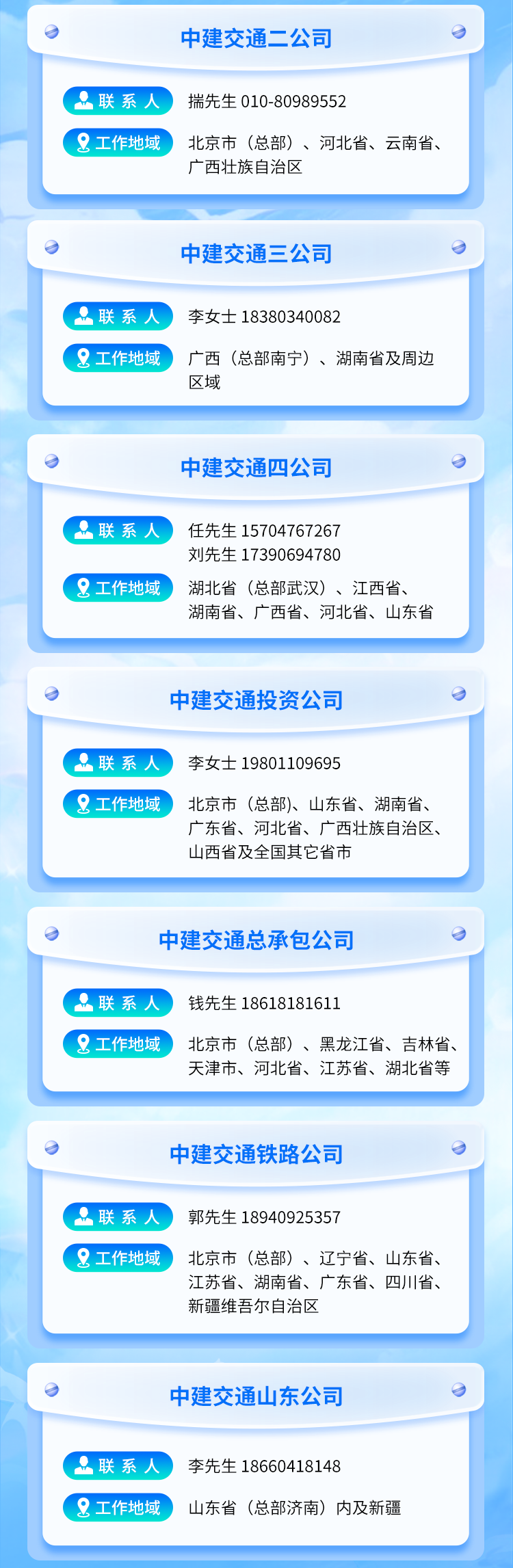 
<table>
<tr><td>s 中建交通二公司 o</td>
</tr>
<tr><td>联系人 揣先生010-809895522工作地域 北京市(总部)、河北省、云南省、广西壮族自治区</td>
</tr>
<tr><td></td>
</tr>
<tr><td>s 中建交通三公司 o</td>
</tr>
<tr><td>联系人) 李女士183803400822工作地域 广西(总部南宁)、湖南省及周边区域</td>
</tr>
<tr><td>s 中建交通四公司 o</td>
</tr>
<tr><td>联系人 任先生15704767267刘先生173906947802工作地域 湖北省(总部武汉)、江西省、湖南省、广西省、河北省、山东省</td>
</tr>
<tr><td></td>
</tr>
<tr><td>s 中建交通投资公司 o</td>
</tr>
<tr><td>联系人 李女士198011096952工作地域 北京市(总部)、山东省、湖南省、广东省、河北省、广西壮族自治区、山西省及全国其它省市</td>
</tr>
<tr><td></td>
</tr>
<tr><td>s 中建交通总承包公司 o</td>
</tr>
<tr><td>联系人 钱先生186181816112工作地域 北京市(总部)、黑龙江省、吉林省、天津市、河北省、江苏省、湖北省等</td>
</tr>
<tr><td></td>
</tr>
<tr><td>s 中建交通铁路公司 o</td>
</tr>
<tr><td>联系人 郭先生189409253572工作地域 北京市(总部)、辽宁省、山东省、江苏省、湖南省、广东省、四川省、新疆维吾尔自治区</td>
</tr>
<tr><td></td>
</tr>
<tr><td>s 中建交通山东公司 o</td>
</tr>
<tr><td>联系人 李先生186604181482工作地域 山东省(总部济南)内及新疆</td>
</tr>
<tr><td></td>
</tr>
</table>
