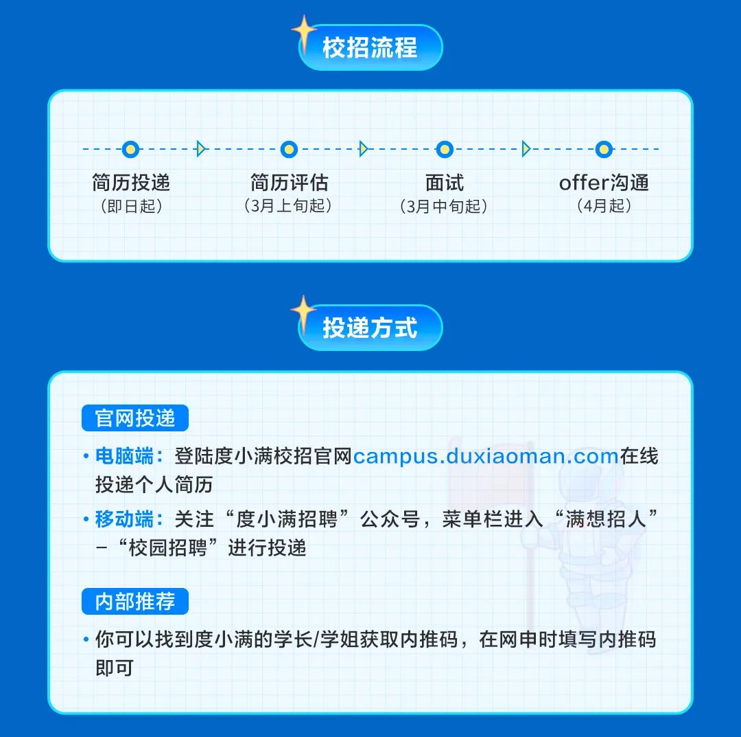 <p>校招流程</p>
<p>简历投递<br/>(即日起)</p>
<p>简历评估<br/>(3月上旬起)</p>
<p>面试<br/>(3月中旬起)</p>
<p>offer沟通</p>
<p>(4月起)</p>
<p>投递方式</p>
<p>官网投递</p>
<p>●电脑端:登陆度小满校招官网campus.duxiaoman.com在线<br/>投递个人简历</p>
<p>移动端:关注“度小满招聘”公众号，菜单栏进入“满想招人”<br/>-“校园招聘”进行投递</p>
<p>内部推荐</p>
<p>你可以找到度小满的学长/学姐获取内推码，在网申时填写内推码<br/>即可</p>
