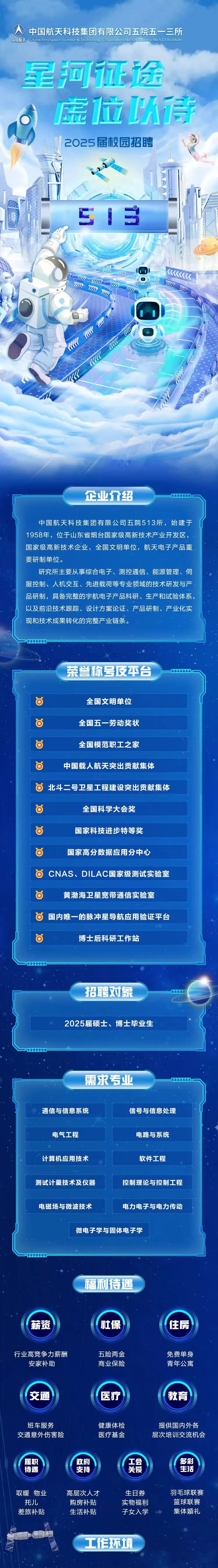 <p>)中国航天科技集团有限公司五院五-三所</p>
<p>中国新天ChiChina Aerospace Science & Technalogy Corporation No.5 Ardemy No.513 Institute</p>
<p>星河征途。</p>
<p>虚位以待</p>
<p>2025届校园招聘</p>
<p>SIE</p>
<p>”)》</p>
<p>>)》</p>
<p>企业介绍</p>
<p>中国航天科技集团有限公司五院513所,始建于</p>
<p>1958年,位于山东省烟台国家级高新技术产业开发区,</p>
<p>国家级高新技术企业,全国文明单位,航天电子产品重</p>
<p>要研制单位。</p>
<p>研究所主要从事综合电子、测控通信、能源管理、伺</p>
<p>服控制、人机交互、先进载荷等专业领域的技术研发与产</p>
<p>品研制,具备完整的宇航电子产品科研、生产和试验体系,</p>
<p>以及前沿技术跟踪、设计方案论证、产品研制、产业化实</p>
<p>现和技术成果转化的完整产业链条。</p>
<p>茶誉称号及平台w4.. n</p>
<p>全国文明单位</p>
<p>全国五-劳动奖状</p>
<p>白全国模范职工之家</p>
<p>中国载人航天突出贡献集体</p>
<p>北斗二号卫星 工程建设突出贡献集体</p>
<p>全国科学大会奖</p>
<p>国国家科技进步特等奖</p>
<p>国家高分数据应用分中心</p>
<p>CNAS、 DILAC国家级测试实验室</p>
<p>国黄渤海卫星宽带通信实验室</p>
<p>国内唯一的脉冲星导航应用验证平台</p>
<p>博士后科研工作站</p>
<p>招聘对象-</p>
<p>2025届硕士、博士毕业生</p>
<p>需求专业</p>
<p>通信与信息系统信号与信息处理</p>
<p>电气工程电路与系统</p>
<p>计算机应用技术软件工程</p>
<p>测试计量技术及仪器控制理论与控制工程</p>
<p>电磁场与微波技术电力电子与电力传动</p>
<p>微电子学与固体电子学</p>
<p>福利待遇</p>
<p>薪资社保住房</p>
<p>行业高竞争力薪酬五险两金免费单身</p>
<p>安家补助商业保险青年公寓</p>
<p>交通医疗教育</p>
<p>班车服务健康体检提供国内外各</p>
<p>交通意外伤害险医疗基金层次培训交流机会</p>
<p>履职政府:工会'多彩</p>
<p>待遇支持关爱生活</p>
<p>取暖物业高层次人才生日券羽毛球联赛</p>
<p>托儿购房补贴实物福利篮球联赛</p>
<p>差旅补贴生活补贴子女入学集体婚礼</p>
<p>工作环境</p>
