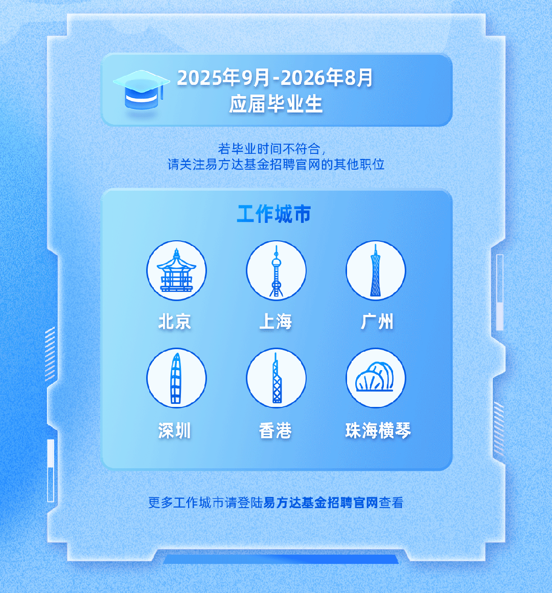 <p>2025年9月-2026年8月</p>
<p>应届毕业生</p>
<p>若毕业时间不符合</p>
<p>请关注易方达基金招聘官网的其他职位</p>
<p>工作城市</p>
<p>北京</p>
<p>上海</p>
<p>广州</p>
<p>EH田</p>
<p>iD</p>
<p>XX鸡</p>
<p>深圳</p>
<p>香港</p>
<p>珠海横琴</p>
<p>更多工作城市请登陆易方达基金招聘官网查看</p>
