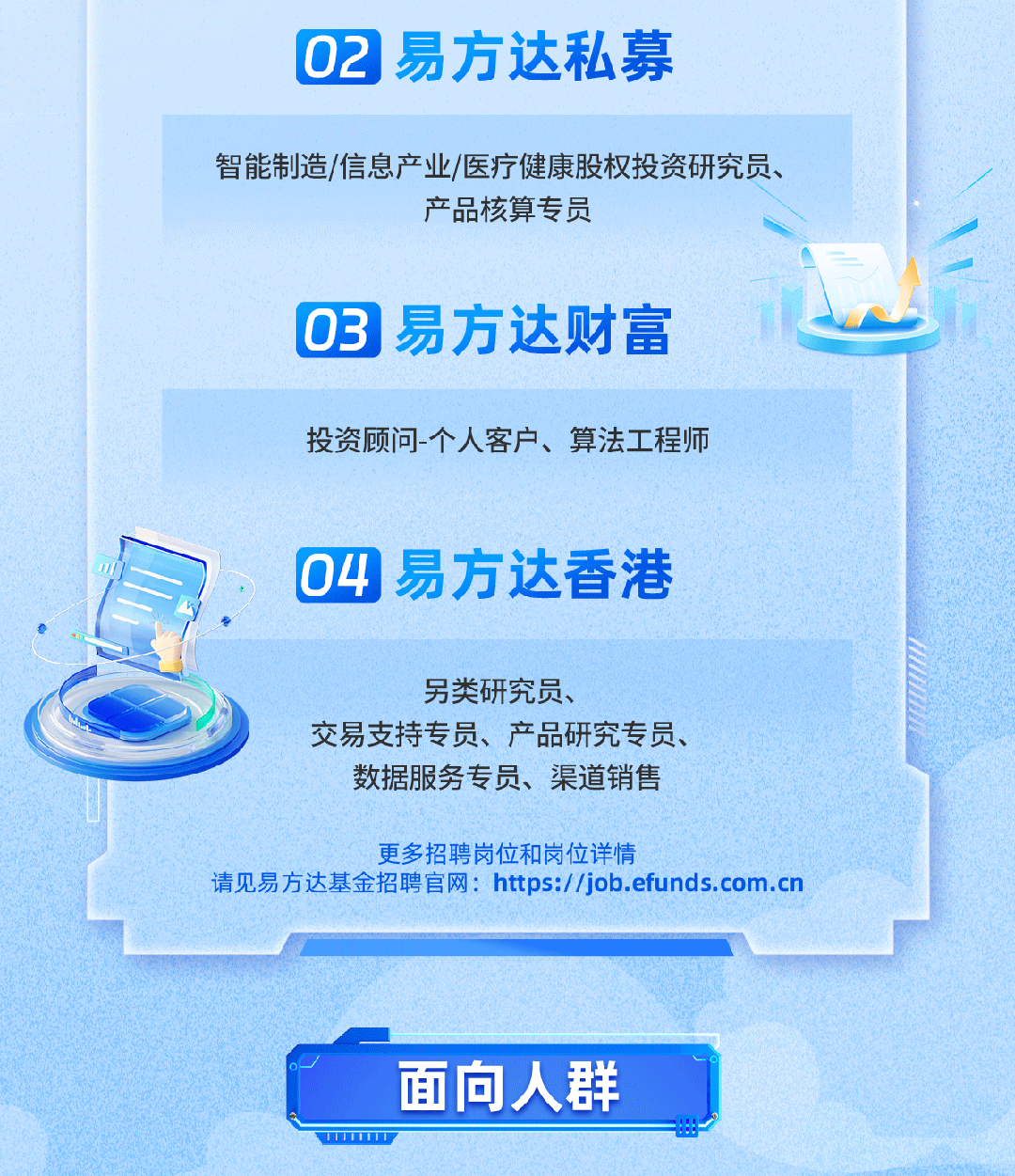 <p>02</p>
<p>易方达私募</p>
<p>智能制造/信息产业/医疗健康股权投资研究员、</p>
<p>产品核算专员</p>
<p>03</p>
<p>易方达财富</p>
<p>投资顾问-个人客户、算法工程师</p>
<p>04易方达香港</p>
<p>另类研究员、</p>
<p>交易支持专员、产品研究专员、</p>
<p>数据服务专员、渠道销售</p>
<p>更多招聘岗位和岗位详情</p>
<p>请见易方达基金招聘官网：https://job.efunds.com.cn</p>
<p>面向人群</p>
<p>11111</p>

