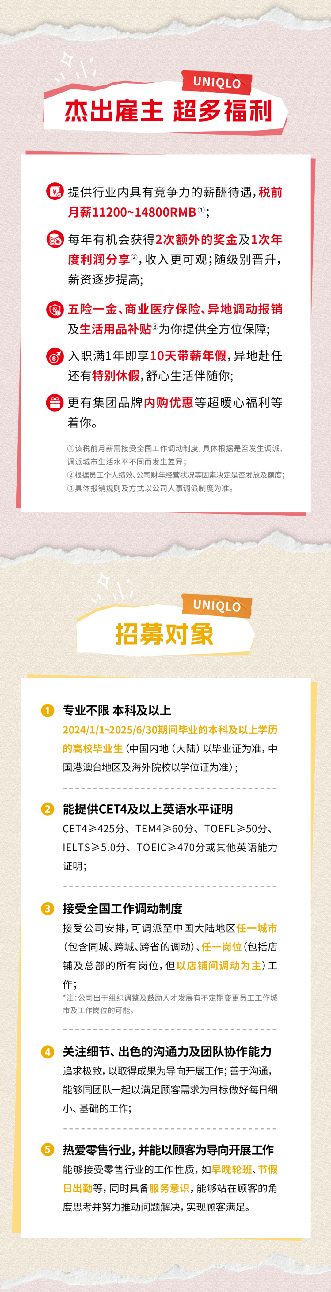 <p>UNIQLO</p>
<p>杰出雇主超多福利</p>
<p>提供行业内具有竞争力的薪酬待遇,税前<br/>月薪11200~14800RMB;</p>
<p>每年有机会获得2次额外的奖金及1次年</p>
<p>度利润分享②,收入更可观;随级别晋升，<br/>薪资逐步提高;</p>
<p>五险一金、商业医疗保险、异地调动报销<br/>及生活用品补贴③为你提供全方位保障;</p>
<p>$<br/>入职满1年即享10天带薪年假,异地赴任<br/>还有特别休假,舒心生活伴随你;</p>
<p>更有集团品牌内购优惠等超暖心福利等<br/>着你。</p>
<p>①该税前月薪需接受全国工作调动制度,具体根据是否发生调派、<br/>调派城市生活水平不同而发生差异;</p>
<p>②根据员工个人绩效、公司财年经营状况等因素决定是否发放及额度;<br/>③具体报销规则及方式以公司人事调派制度为准。</p>
<p>UNIQLO</p>
<p>招募对象</p>
<p>专业不限本科及以上</p>
<p>2024/1/1~2025/6/30期间毕业的本科及以上学历<br/>的高校毕业生(中国内地(大陆)以毕业证为准,中<br/>国港澳台地区及海外院校以学位证为准);</p>
<p>2能提供CET4及以上英语水平证明</p>
<p>CET4&ge;425分、TEM4&ge;60分、TOEFL&ge;50分、<br/>IELTS&ge;5.0分、TOEIC&ge;470分或其他英语能力<br/>证明;</p>
<p>3</p>
<p>接受全国工作调动制度</p>
<p>接受公司安排,可调派至中国大陆地区任一城市<br/>(包含同城、跨城、跨省的调动)、任一岗位(包括店<br/>铺及总部的所有岗位,但以店铺间调动为主)工<br/>作;</p>
<p>*注:公司出于组织调整及鼓励人才发展有不定期变更员工工作城<br/>市及工作岗位的可能。</p>
<p>4关注细节、出色的沟通力及团队协作能力</p>
<p>追求极致，以取得成果为导向开展工作;善于沟通，<br/>能够同团队一起以满足顾客需求为目标做好每日细<br/>小、基础的工作;</p>
<p>5热爱零售行业,并能以顾客为导向开展工作</p>
<p>能够接受零售行业的工作性质,如早晚轮班、节假<br/>日出勤等，同时具备服务意识，能够站在顾客的角<br/>度思考并努力推动问题解决，实现顾客满足。</p>
