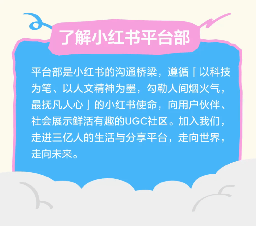 <p>了解小红书平台部</p>
<p>平台部是小红书的沟通桥梁，遵循「以科技<br/>为笔、以人文精神为墨，勾勒人间烟火气，<br/>最抚凡人心」的小红书使命，向用户伙伴、<br/>社会展示鲜活有趣的UGC社区。加入我们，<br/>走进三亿人的生活与分享平台，走向世界，<br/>走向未来。</p>
