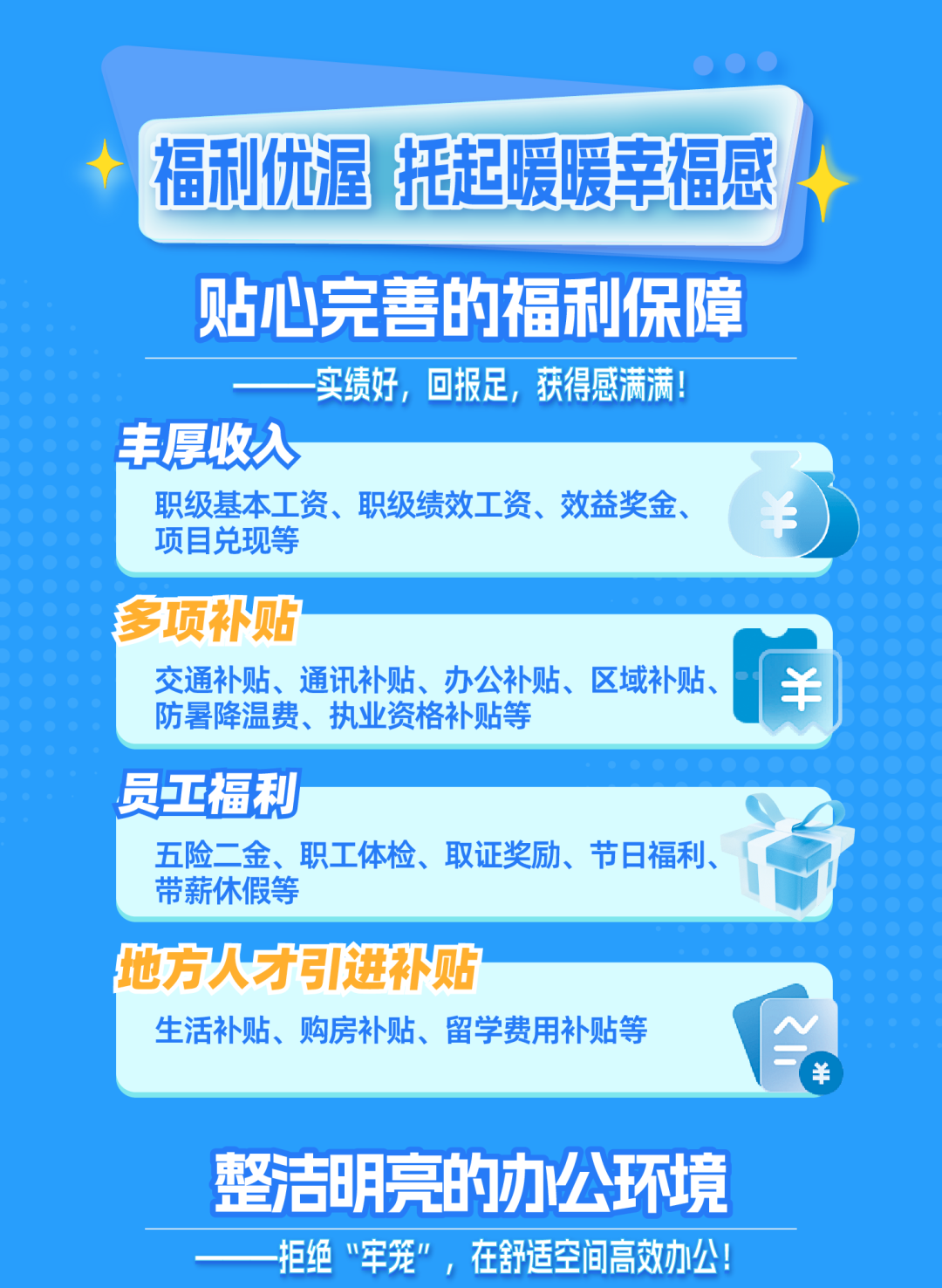 <p>福利优渥</p>
<p>托起暖暖幸福感</p>
<p>贴心完善的福利保障</p>
<p>一实绩好，回报足，</p>
<p>获得感满满!</p>
<p>丰厚收入</p>
<p>职级基本工资、职级绩效工资、效益奖金、</p>
<p>羊</p>
<p>项目兑现等</p>
<p>多项补贴</p>
<p>交通补贴、通讯补贴、办公补贴、区域补贴、</p>
<p>羊</p>
<p>防暑降温费、执业资格补贴等</p>
<p>员工福利</p>
<p>五险二金、职工体检、取证奖励、节日福利、</p>
<p>带薪休假等</p>
<p>地方人牙进补贴</p>
<p>生活补贴、购房补贴、留学费用补贴等</p>
<p>羊</p>
<p>整洁明亮的办公环境</p>
<p>一拒绝&ldquo;牢笼&rdquo;，在舒适空间高效办公！</p>
