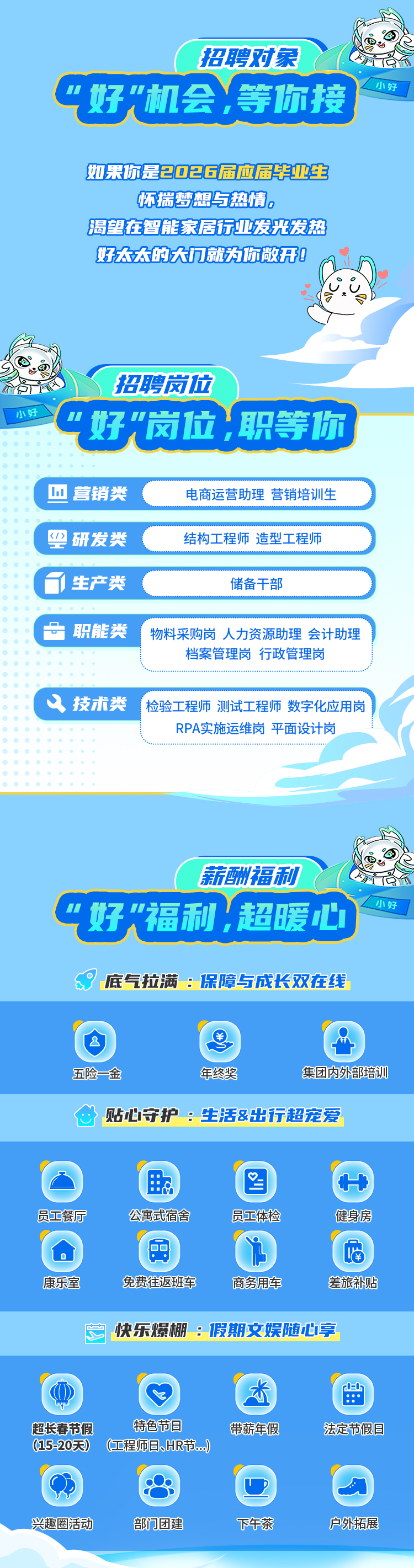 <p>招聘对家</p>
<p>好&rdquo;机会，等你接</p>
<p>小好</p>
<p>如果你是2026届应届毕业生</p>
<p>怀瑞梦想与热情。</p>
<p>渴望在智能家居标业发光发热</p>
<p>好大太的大门就为你敬开</p>
<p>招聘岗龙</p>
<p>小好</p>
<p>好&rdquo;岗放，职等你</p>
<p>lu</p>
<p>营销类</p>
<p>电商运营助理 营销培训生</p>
<p>研发类</p>
<p>结构工程师</p>
<p>造型工程师</p>
<p>生产类</p>
<p>储备干部</p>
<p>职能类</p>
<p>物料采购岗 人力资源助理会计助理</p>
<p>档案管理岗</p>
<p>行政管理岗</p>
<p>技术类</p>
<p>检验工程师 测试工程师 数字化应用岗</p>
<p>RPA实施运维岗 平面设计岗</p>
<p>薪洲福私</p>
<p>好&ldquo;福利，超暖心</p>
<p>小好</p>
<p>底气拉满：保障与成长双在线</p>
<p>2</p>
<p>羊</p>
<p>T7</p>
<p>五险一金</p>
<p>年终奖</p>
<p>集团内外部培训</p>
<p>贴心守护：生活&出行超宠爱</p>
<p>t卡</p>
<p>员工餐厅</p>
<p>公寓式宿舍</p>
<p>员工体检</p>
<p>健身房</p>
<p>&reg;</p>
<p>心</p>
<p>康乐室</p>
<p>免费往返班车</p>
<p>商务用车</p>
<p>差旅补贴</p>
<p>快乐爆棚：假期文娱随心享</p>
<p>太</p>
<p>:0-0-</p>
<p>超长春节假</p>
<p>特色节日</p>
<p>带薪年假</p>
<p>法定节假目</p>
<p>(15-20天）</p>
<p>(工程师日HR..）</p>
<p>兴趣圈活动</p>
<p>部门团建</p>
<p>下午茶</p>
<p>户外拓展</p>
