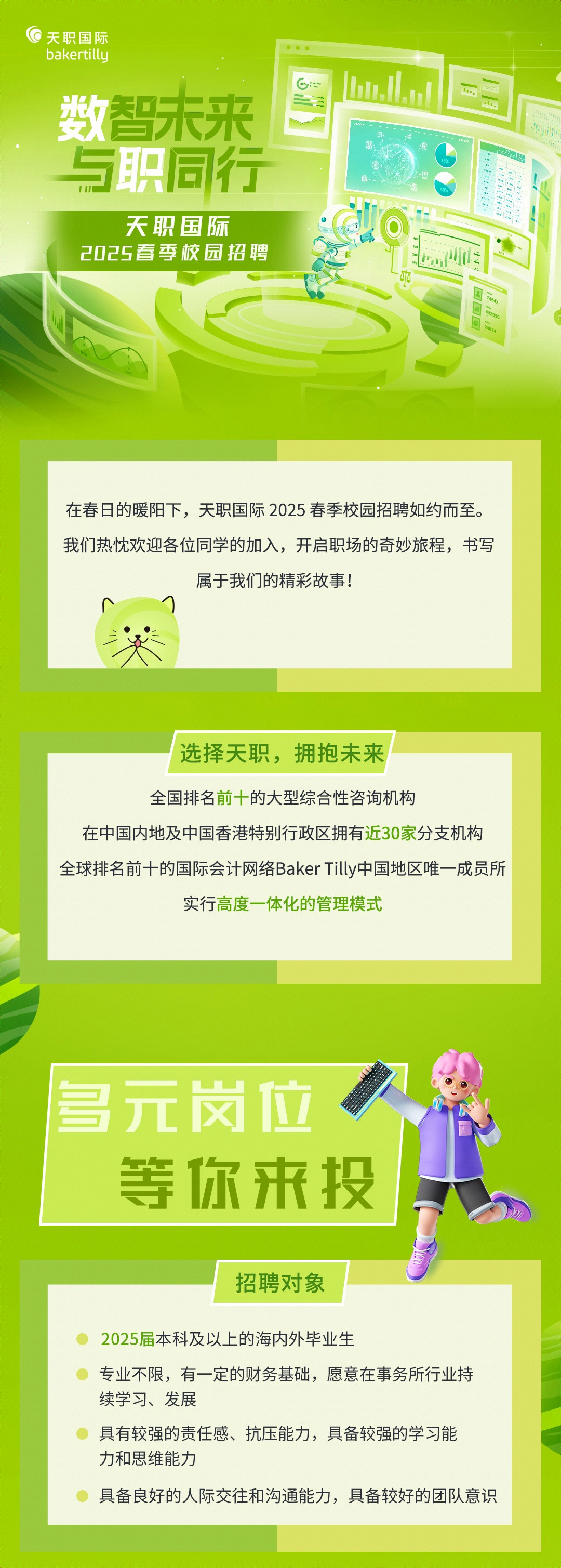 <p>天职国际<br/>bakertillu</p>
<p>数智未来<br/>与职同行</p>
<p>天职国际</p>
<p>2025春季校园招聘</p>
<p>在春日的暖阳下，天职国际2025春季校园招聘如约而至。<br/>我们热忱欢迎各位同学的加入，开启职场的奇妙旅程，书写</p>
<p>属于我们的精彩故事!</p>
<p>选择天职，拥抱未来</p>
<p>全国排名前十的大型综合性咨询机构</p>
<p>在中国内地及中国香港特别行政区拥有近30家分支机构<br/>全球排名前十的国际会计网络BakerTilly中国地区唯一成员所</p>
<p>实行高度一体化的管理模式</p>
<p>号元岗位</p>
<p>等你来投</p>
<p>招聘对象</p>
<p>2025届本科及以上的海内外毕业生</p>
<p>专业不限，有一定的财务基础，愿意在事务所行业持<br/>续学习、发展</p>
<p>具有较强的责任感、抗压能力，具备较强的学习能<br/>力和思维能力</p>
<p>具备良好的人际交往和沟通能力，具备较好的团队意识</p>
