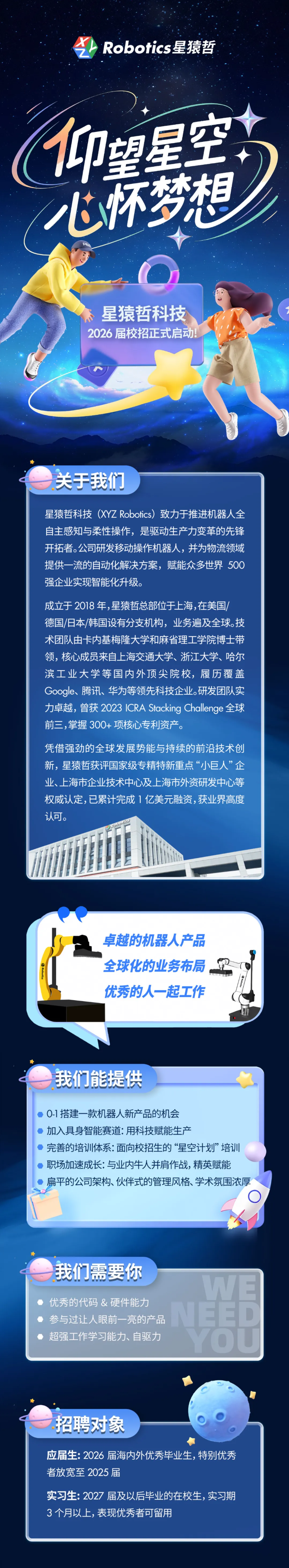 <p>Robotics星猿哲</p> <p>印烟星车</p> <p>IME</p> <p>星猿哲科技</p> <p>2026 届校招正式启动!</p> <p>关于我们</p> <p>星猿哲科技（XYZ Robotics）致力于推进机器人全</p> <p>自主感知与柔性操作，是驱动生产力变革的先锋</p> <p>开拓者。公司研发移动操作机器人，并为物流领域</p> <p>提供一流的自动化解决方案，赋能众多世界500</p> <p>强企业实现智能化升级。</p> <p>成立于 2018 年,星猿哲总部位于上海，在美国</p> <p>德国/日本/韩国设有分支机构,业务遍及全球。技</p> <p>术团队由卡内基梅隆大学和麻省理工学院博士带</p> <p>领，核心成员来自上海交通大学、浙江大学、哈尔</p> <p>滨工业大学等国内外顶尖院校,履历覆盖</p> <p>Google、腾讯、华为等领先科技企业。研发团队实</p> <p>力卓越，曾获 2023 1CRA Stacking Chollenge全球</p> <p>前三,掌握300+ 项核心专利资产。</p> <p>凭借强劲的全球发展势能与持续的前沿技术创</p> <p>新，星猿哲获评国家级专精特新重点“小巨人”企</p> <p>业、上海市企业技术中心及上海市外资研发中心等</p> <p>权威认定,已累计完成1亿美元融资,获业界高度</p> <p>认可。</p> <p>卓越的机器人产品</p> <p>全球化的业务布局</p> <p>优秀的人一起工作</p> <p>我们能提供</p> <p>O-1搭建一款机器人新产品的机会</p> <p>加入具身智能赛道：用科技赋能生产</p> <p>完善的培训体系：面向校招生的“星空计划”培训</p> <p>职场加速成长:与业内牛人并肩作战,精英赋能</p> <p>扁平的公司架构、伙伴式的管理风格、学术氛围浓厚</p> <p>我们需要你</p> <p>WE</p> <p>优秀的代码&硬件能力</p> <p>NEED</p> <p>参与过让人眼前一亮的产品</p> <p>超强工作学习能力、自驱力</p> <p>YOU</p> <p>招聘对象</p> <p>应届生:2026 届海内外优秀毕业生，特别优秀</p> <p>者放宽至2025届</p> <p>实习生：2027届及以后毕业的在校生，实习期</p> <p>3个月以上,表现优秀者可留用</p>
