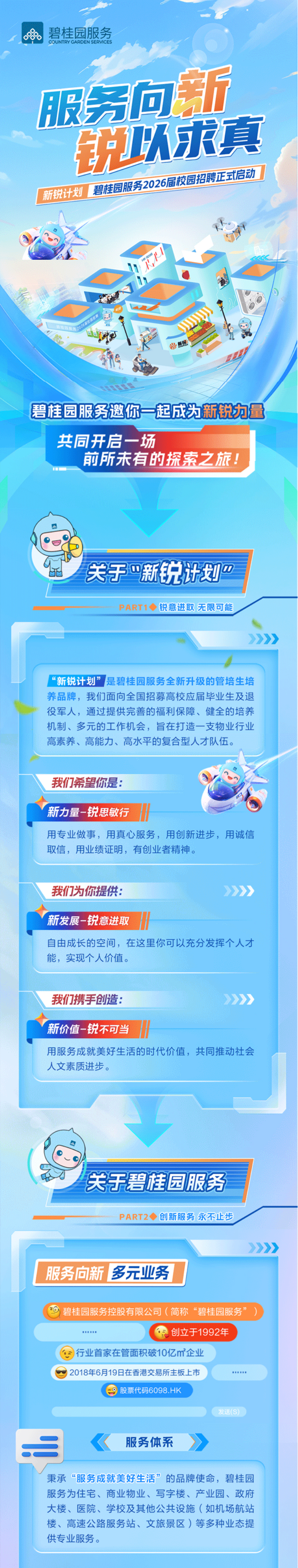<p>碧桂园服务</p> <p>COUNTRY GARDEN SERICES</p> <p>服务向新</p> <p>锐环水真</p> <p>碧桂园服务2026届校园招聘正式启动</p> <p>新锐计划</p> <p>出斯臨</p> <p>碧桂园服务邀你一起成为新锐力量</p> <p>共同开启一场</p> <p>前所未有的探索之旅!</p> <p>关于新锐计业</p> <p>PART1O</p> <p>锐意进取 无限可能</p> <p>》》</p> <p>“新锐计划</p> <p>是碧桂园服务全新升级的管培生培</p> <p>养品牌，我们面向全国招募高校应届毕业生及退</p> <p>役军人，通过提供完善的福利保障、健全的培养</p> <p>机制、多元的工作机会，旨在打造一支物业行业</p> <p>高素养、高能力、高水平的复合型人才队伍。</p> <p>我们希望你是：</p> <p>新力量一锐思敏行</p> <p>用专业做事，用真心服务，用创新进步，用诚信</p> <p>取信，用业绩证明,有创业者精神。</p> <p>我们为你提供：</p> <p>>》》</p> <p>新发展一锐意进取</p> <p>自由成长的空间，在这里你可以充分发挥个人才</p> <p>能，实现个人价值。</p> <p>我们携手创造：</p> <p>>>》</p> <p>新价值一锐不可当</p> <p>用服务成就美好生活的时代价值，共同推动社会</p> <p>人文素质进步。</p> <p>关于碧桂园服务</p> <p>PART2O</p> <p>创新服务 永不止步</p> <p>》》</p> <p>服务向新</p> <p>多元业务</p> <p>碧桂园服务控股有限公司(简称“碧桂园服务</p> <p>R</p> <p>创立于1992年</p> <p>行业首家在管面积破10亿企业</p> <p>2018年6月19日在香港交易所主板上市</p> <p>N</p> <p>股票代码6098.HK</p> <p>发送(S)</p> <p>服务体系</p> <p>秉承“服务成就美好生活”的品牌使命，碧桂园</p> <p>服务为住宅、商业物业、写字楼、产业园、政府</p> <p>大楼、医院、学校及其他公共设施（如机场航站</p> <p>楼、高速公路服务站、文旅景区）等多种业态提</p> <p>供专业服务。</p>