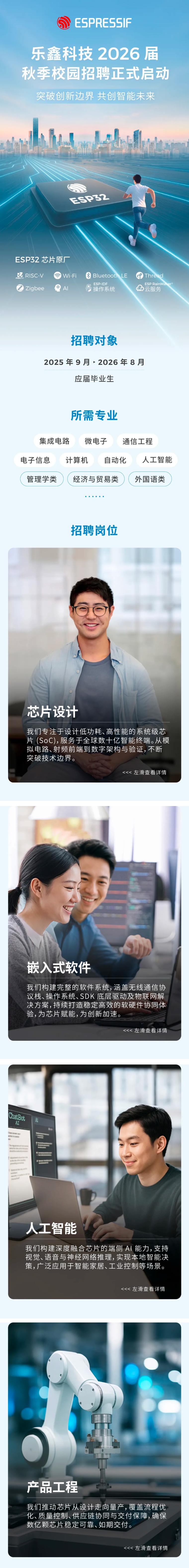<p>ESPRESSIF</p> <p>乐鑫科技2026届</p> <p>秋季校园招聘正式启动</p> <p>突破创新边界共创智能未来</p> <p>ESP2</p> <p>ESP32 芯片原厂</p> <p>B.RISC-V</p> <p>Wi-Fi</p> <p>Bluetooth LE</p> <p>Thread</p> <p>ESP-IDF</p> <p>ESP RainMaker</p> <p>Zigbee</p> <p>操作系统</p> <p>→</p> <p>)云服务</p> <p>招聘对象</p> <p>2025年9月·2026年8月</p> <p>应届毕业生</p> <p>所需专业</p> <p>集成电路</p> <p>微电子</p> <p>通信工程</p> <p>电子信息</p> <p>计算机</p> <p>自动化</p> <p>人工智能</p> <p>管理学类</p> <p>经济与贸易类</p> <p>外国语类</p> <p>招聘岗位</p> <p>芯片设计</p> <p>我们专注于设计低功耗、高性能的系统级芯、</p> <p>片(SoC),服务于全球数十亿智能终端.从模</p> <p>拟电路、射频前端到数字架构与验证,不断</p> <p>突破技术边界。</p> <p>:<左滑查看详情</p> <p>嵌入式软件</p> <p>我们构建完整的软件系统,涵盖无线通信协</p> <p>议栈、操作系统、SDK 底层驱动及物联网解</p> <p>决方案,持续打造稳定高效的软硬件协同体</p> <p>验,为芯片赋能,为创新加速。</p> <p><<左滑查看详情</p> <p>ChatBot</p> <p>AT</p> <p>人工智能</p> <p>我们构建深度融合芯片的端侧A丨能力，支持</p> <p>视觉、语音与神经网络推理,实现本地智能决</p> <p>策，广泛应用于智能家居、工业控制等场景。</p> <p><<左滑查看详情</p> <p>产品工程</p> <p>我们推动芯片从设计走向量产,覆盖流程优</p> <p>化、质量控制、供应链协同与交付保障,确保</p> <p>数亿颗芯片稳定可靠、如期交付</p> <p><<左滑查看详情</p>