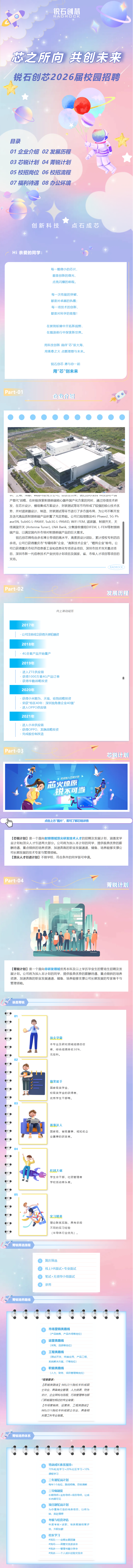 <p>锐石创酒</p> <p>RADROCK</p> <p>芯之所向</p> <p>共创未来</p> <p>锐石创芯2026届校园招聘</p> <p>目录</p> <p>01企业介绍</p> <p>02发展历程</p> <p>03芯锐计划</p> <p>04 菁锐计划</p> <p>05校招岗位</p> <p>06 校招流程</p> <p>07福利待遇</p> <p>08办公环境</p> <p>创新科技</p> <p>点石成芯</p> <p>Hi亲爱的同学：</p> <p>每一颗微小的芯片，</p> <p>都是创新的微光，</p> <p>点亮闪耀的前程。</p> <p>每一次性能的突破，</p> <p>都是对卓越的执着；</p> <p>每一项技术的创新，</p> <p>都是对科学的致敬!</p> <p>在披荆斩棘中开拓新视野</p> <p>在踏浪前行中探索新世界。</p> <p>用科技创新 徜徉″芯"辰大海</p> <p>用青春之火点燃理想与未来。</p> <p>锐石创芯愿与你一起</p> <p>用“芯”创未来</p> <p>Part-01</p> <p>企业介绍</p> <p>川、上四、戊即、中国切以有力公。日的立队不，切4的心主时什义的心T当</p> <p>产替代"战略，在积极探索射频前端核心器件国产化方案的同时，通过持续技术研</p> <p>发，在芯片设计、模组集成方案设计、封装测试等环节均形成了较强的核心技术优</p> <p>势，并对滤波器设计、制造、封装测试等环节进行了多方面布局，为公司不断开发</p> <p>及迭代高品质射频前端产品积蓄了充足势能。公司已陆续推出4G Phase2, 5G Ph</p> <p>ase5N, Sub6G L-PAMiF, Sub3G L-PAMiD, WiFi FEM，滤波器，射频开关，天</p> <p>线调谐开关（Antenna Tuner),LNA Bank,分集接收模组DIFEM,L-FEM等射频前</p> <p>端产品，以满足国内外市场对射频前端产品的巨大需求。</p> <p>锐石创芯拥有由多名博土带领的高水平、高素质设计团队，累计授权专利四百</p> <p>余项。公司已获得重庆市"专精特新”企业、“高新技术企业"、“瞪羚企业“称号。公</p> <p>司已获得重庆市经济信息委工业和信息化专项资金项目、深圳市技术攻关重点项</p> <p>目、深圳市新一代信息技术产业扶持计划项目及国家、省、市级人才项目等项目的</p> <p>支持。</p> <p>RADROCK</p> <p>Part-02</p> <p>发展历程</p> <p>向上滑动阅览</p> <p>2017年</p> <p>公司注册成立获得天使轮融资</p> <p>2018年</p> <p>4G全套产品开始量产</p> <p>2019年</p> <p>进入ZTE供应链</p> <p>获得1000万套4G产品订单</p> <p>获得华勤战略投资</p> <p>2020年</p> <p>获得小米顺为、天珑、哈勃战略投资</p> <p>荣获“特区40年:深圳独角兽企业40强”</p> <p>进入OPPO供应链</p> <p>2021年</p> <p>进入小米供应链</p> <p>获得OPPO、龙旗战略投资</p> <p>完成股份制改造</p> <p>Part-03</p> <p>芯锐计划</p> <p>欢迎加入芯锐计划</p> <p>芯火燎原</p> <p>锐不可当</p> <p>点击上方”图片”，即可了解芯锐详情</p> <p>【芯锐计划】是一个面向射频领域顶尖研发技术人才的招聘及发展计划，涵盖奖学</p> <p>金计划和顶尖人才引进两大部分。公司将为加入本计划的同学，提供极具优势的薪</p> <p>酬待遇、重点倾斜的培养资源、加速奔跑的职业发展通道，储备、培养能够支撑公</p> <p>司长期发展的技术专家与管理领袖。</p> <p>【顶尖人才引进计划】不限学校，符合条件的同学皆可申请。</p> <p>Part-04</p> <p>菁锐计划</p> <p>【菁锐计划】是一个面向非研发领域优秀本科及以上学历毕业生的管培生招聘及发</p> <p>展计划。公司将为加入本计划的同学，提供极具优势的薪酬待遇、重点倾斜的培养</p> <p>资源、加速奔跑的职业发展通道，储备、培养能够支撑公司长期发展的专家骨干与</p> <p>管理领袖。</p> <p>谁是菁锐</p> <p>01</p> <p>顶尖学霸</p> <p>本专业及研究领域成绩饺校</p> <p>者，综合成绩排名30%，</p> <p>无挂科。</p> <p>售</p> <p>摘奖能手</p> <p>国家级奖学金、</p> <p>校级奖学金的获得者、</p> <p>优秀学生干部等。</p> <p>03</p> <p>赛事达人</p> <p>国家级、省级赛事，或知名企</p> <p>业赛事的获奖者。</p> <p>04</p> <p>社团大佬</p> <p>学生会干部、社团管理者</p> <p>学校活动牵头者。</p> <p>05</p> <p>实习精英</p> <p>理论联系实践，具有多段</p> <p>不同的实习经验</p> <p>(半导体行业优先）。</p> <p>菁锐筛选流程</p> <p>简历筛选</p> <p>线上HR面试+专业面试</p> <p>笔试+无领导小组面试</p> <p>录用</p> <p>菁锐培养路线</p> <p>市场营销类路线</p> <p>(产品销售、产品市场等岗位)</p> <p>运营类路线</p> <p>(采购、品质等岗位)</p> <p>工程类路线</p> <p>(测试开发、终端应用、产品工程、</p> <p>系统解决方案、T等岗位)</p> <p>职能类路线</p> <p>(人力、财务、项目管理等岗位)</p> <p>*背景要求:</p> <p>【职能类路线】985/211院校本科或硕</p> <p>士毕业，具备商业管理、人力资源、财务</p> <p>会计、企业架构与流程、行政管理等与部</p> <p>门职能属性相近的专业背景；</p> <p>【市场营销类、运营类、工程类路线】</p> <p>985/211院校本科或硕士毕业，具备相</p> <p>关理工科专业背影。</p> <p>菁锐培养体系</p> <p>培训成长体系加持：</p> <p>70%轮岗学习+20%社区学习+10%</p> <p>课程学习</p> <p>三年期轮岗计划</p> <p>每年1个岗位，路线明确、目标清晰</p> <p>三导师制度</p> <p>长期导师+业务导师+项目导师，让成</p> <p>长肉眼可见</p> <p>项目制轮岗计划</p> <p>为你量身打造的培养项目，以终为</p> <p>始，奔赴理想</p> <p>考核与结营评估</p> <p>年度考核+述职，培养期满结营评</p> <p>估，升职加薪</p> <p>社区学习</p> <p>#我玩</p> <p>定期主题团建</p> <p>#我问</p> <p>高管交流茶话会</p> <p>#我讲</p> <p>管理书籍分享会</p> <p>#我谈</p> <p>个人成长经验交流会</p>