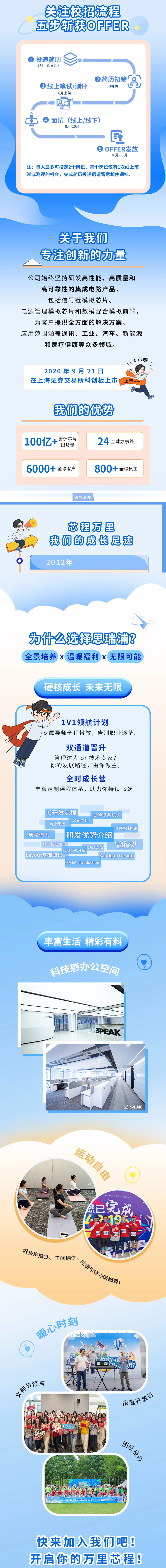 <p>关注校招流程</p> <p>五步斩获OFFER</p> <p>投递简历</p> <p>7月（即日起)</p> <p>)简历初筛</p> <p>3</p> <p>线上笔试/测评</p> <p>8月初</p> <p>8月上旬</p> <p>面试（线上/线下)</p> <p>8月-10月</p> <p>国</p> <p>OFFER发放</p> <p>10月-11月</p> <p>注：每人最多可投递2个岗位，每个岗位仅有1次线上笔</p> <p>试或测评的机会，完成简历投递后请留意邮件通知</p> <p>关于我们</p> <p>专注创新的力量</p> <p>公司始终坚持研发高性能、高质量和</p> <p>高可靠性的集成电路产品，</p> <p>包括信号链模拟芯片、</p> <p>电源管理模拟芯片和数模混合模拟前端，</p> <p>为客户提供全方面的解决方案。</p> <p>应用范围涵盖通讯、工业、汽车、新能源</p> <p>和医疗健康等众多领域。</p> <p>上市啦</p> <p>2020年9月21日</p> <p>在上海证券交易所科创板上市</p> <p>上市一</p> <p>我们的优势</p> <p>100亿+</p> <p>累计芯片</p> <p>24</p> <p>全球办事处</p> <p>出货量</p> <p>6000+</p> <p>全球客户</p> <p>800+</p> <p>全球员工</p> <p>宁</p> <p>向下滑动</p> <p>芯程万里</p> <p>我们的成长足迹</p> <p>2012年</p> <p>汽A</p> <p>为什么选择思瑞浦?</p> <p>全景培养x温暖福利x无限可能</p> <p>硬核成长</p> <p>未来无限</p> <p>长</p> <p>1V1领航计划</p> <p>专属导师全程带教，告别职业迷茫。</p> <p>双通道普升</p> <p>管理达人or技术专家?</p> <p>你的发展路径，由你做主。</p> <p>全时成长营</p> <p>丰富定制课程体系,助力你持续飞跃!</p> <p>IC开发流程</p> <p>实验设备培训</p> <p>公司文化</p> <p>商业秘密</p> <p>电源基础概论</p> <p>质量体系</p> <p>研发优势介绍</p> <p>器件基础知识</p> <p>如何更好地</p> <p>CAD进阶</p> <p>服务客户</p> <p>LDO参数分析</p> <p>Layout基础知识</p> <p>Bandgap Design</p> <p>FMEA Introduction</p> <p>丰富生活</p> <p>精彩有料</p> <p>科技感办公空局</p> <p>SPEAN</p> <p>3PEAK</p> <p>A3PEAK</p> <p>运动自的</p> <p>Gsea</p> <p>完成</p> <p>已</p> <p>LIHU</p> <p>暖心时刻</p> <p>上家同：</p> <p>福</p> <p>行</p> <p>文心</p> <p>家庭开放日</p> <p>金公司的导</p> <p>丰角</p> <p>PEAK UP</p> <p>&光</p> <p>团队旅产</p> <p>快来加入我们吧！</p> <p>开启你的万里芯程!</p>