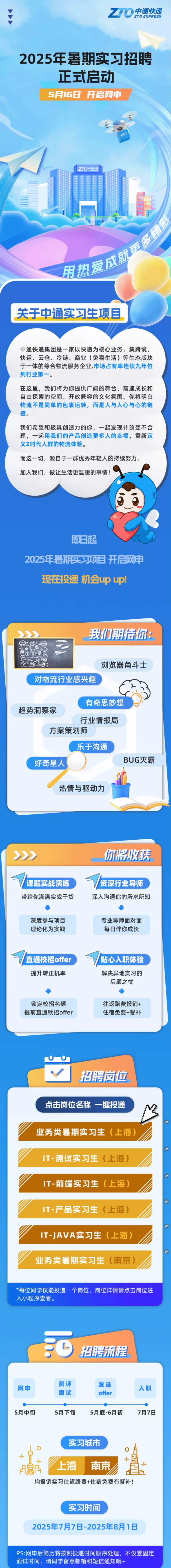<p>ZTO</p> <p>中通快递</p> <p>ZTO EXPRESS</p> <p>2025年暑期实习招聘</p> <p>正式启动</p> <p>S月1GB</p> <p>开启网申</p> <p>ZTO</p> <p>关于中通实习生项目</p> <p>中通快递集团是一家以快递为核心业务，集跨境、</p> <p>快运、云仓、冷链、商业（兔喜生活）等生态版块</p> <p>于一体的综合物流服务企业，市场占有率连续九年位</p> <p>列行业第一。</p> <p>在这里，我们将为你提供广阔的舞台、高速成长和</p> <p>自由探索的空间、开放兼容的文化氛围。你将明白</p> <p>物流不是简单的包裹运转，而是人与人心与心的链</p> <p>接。</p> <p>我们希望和极具创造力的你，一起发现并改变不台</p> <p>理，一起用我们的产品创造更多人的幸福，重新定</p> <p>义Z时代人群的物流体验</p> <p>而这一切，源自于一群优秀年轻人的持续努力。</p> <p>加入我们,做让生活更温暖的事情!</p> <p>即日起</p> <p>2025年暑期实习项目开启网申</p> <p>现在投递</p> <p>机会upup</p> <p>我们期待你：</p> <p>浏览器角斗士</p> <p>对物流行业感兴趣</p> <p>有奇思妙想</p> <p>趋势洞察家</p> <p>行业情报局</p> <p>方案策划师</p> <p>乐于沟通</p> <p>BUG灭霸</p> <p>好奇星人</p> <p>热情与驱动力</p> <p>》</p> <p>你将收获</p> <p>课题实战演练</p> <p>资深行业导师</p> <p>带给你满满实战干货</p> <p>深入沟通你的所求所知</p> <p>深度参与项目</p> <p>专业导师面对面</p> <p>理论化为实践</p> <p>每日伴你成长</p> <p>直通校招offer</p> <p>贴心入职体验</p> <p>提升转正机率</p> <p>解决异地实习的</p> <p>后顾之忧</p> <p>锁定校招名额</p> <p>往返路费报销+</p> <p>提前直通秋招offer</p> <p>住宿免费+餐补</p> <p>招聘岗位</p> <p>点击岗位名称</p> <p>一键投递</p> <p>P</p> <p>业务类暑期实习生</p> <p>（上海）</p> <p>IT-测试实习生</p> <p>（上海）</p> <p>P</p> <p>IT-前端实习生</p> <p>（上海）</p> <p>IT-产品实习生</p> <p>（上海）</p> <p>P</p> <p>IT-JAVA实习生</p> <p>（上海）</p> <p>业务类暑期实习生</p> <p>（南京)</p> <p>*每位同学仅能投递一个岗位，</p> <p>岗位详情请点击岗位进</p> <p>入小程序查看。</p> <p>招聘流程</p> <p>测评</p> <p>发送</p> <p>网申</p> <p>入职</p> <p>面试</p> <p>offer</p> <p>5月中旬</p> <p>5月下旬</p> <p>5月底-6月初</p> <p>7月7日</p> <p>实习城市</p> <p>上海</p> <p>南京</p> <p>F际码</p> <p>均报销实习往返路费+住宿免费有餐补!</p> <p>实习时间</p> <p>2025年7月7日-2025年8月1日</p> <p>PS:网申后简历将按照投递时间顺序处理，不设置固定</p> <p>面试时间,请同学留意邮箱和短信通知哦~</p>