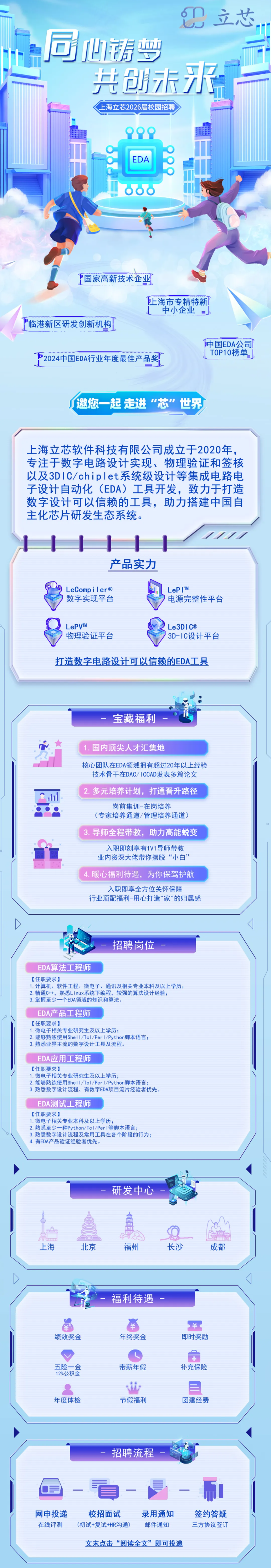 <p>8</p> <p>立芯</p> <p>同</p> <p>山春梦</p> <p>来</p> <p>共创未</p> <p>上海立芯2026届校园招聘</p> <p>EDA</p> <p>000</p> <p>中国家高新技术企业</p> <p>上海市专精特新</p> <p>中小企业</p> <p>临港新区研发创新机构</p> <p>中国EDA公司</p> <p>TOP10榜单。</p> <p>2024中国EDA行业年度最佳产品奖</p> <p>邀您一起走进</p> <p>生“芯”世界</p> <p>上海立芯软件科技有限公司成立于2020年</p> <p>专注于数字电路设计实现、物理验证和签核</p> <p>以及3DIC/chiplet系统级设计等集成电路电</p> <p>子设计自动化(EDA)工具开发，致力于打造</p> <p>数字设计可以信赖的工具，助力搭建中国自</p> <p>主化芯片研发生态系统。</p> <p>产品实力</p> <p>LeCompiler®</p> <p>LeP|M</p> <p>数字实现平台</p> <p>电源完整性平台</p> <p>LePVM</p> <p>Le3DIC®</p> <p>物理验证平台</p> <p>3D-1C设计平台</p> <p>打造数字电路设计可以信赖的EDA工具</p> <p>宝藏福利</p> <p>1.国内顶尖人才汇集地</p> <p>核心团队在EDA领域拥有超过20年以上经验</p> <p>技术骨干在DAC/ICCAD发表多篇论文</p> <p>2.多元培养计划,打通晋升路径</p> <p>岗前集训-在岗培养</p> <p>(专家培养通道/管理培养通道)</p> <p>3.导师全程带教，助力高能蜕变</p> <p>入职即刻享有11导师带教</p> <p>业内资深大佬带你摆脱“小白”</p> <p>暖心福利待遇，为你保驾护航</p> <p>入职即享全方位关怀保障</p> <p>行业顶配福利-用心打造"家"的归属感</p> <p>招聘岗位</p> <p>EDA算法工程师</p> <p>【任职要求】</p> <p>1.计算机、软件工程、微电子、通讯及相关专业本科及以上学历；</p> <p>2.精通C++，熟悉Linux系统下编程，较强的算法设计经验；</p> <p>3.掌握至少一个EDA领域的知识和算法。</p> <p>EDA产品工程师</p> <p>【任职要求】</p> <p>1.微电子相关专业研究生及以上学历；</p> <p>2.能够熟练使用ShelI/TcI/Perl/Python脚本语言；</p> <p>3.熟悉业界主流的数字设计工具及流程。</p> <p>EDA应用工程师</p> <p>【任职要求】</p> <p>1.微电子相关专业研究生及以上学历；</p> <p>2.能够熟练使用ShelI/TcI/Perl/Python脚本语言；</p> <p>3.熟悉数字设计流程、有数字EDA项目流片经验者优先</p> <p>EDA测试工程师</p> <p>【任职要求】</p> <p>1.微电子相关专业本科及以上学历；</p> <p>2.熟悉至少一种Python/TcI/Perl等脚本语言；</p> <p>3.熟悉数字设计流程及常用工具在各个阶段的行为；</p> <p>4.有EDA产品验证经验者优先。</p> <p>研发中心</p> <p>E电</p> <p>上海</p> <p>北京</p> <p>福州</p> <p>长沙</p> <p>成都</p> <p>福利待遇</p> <p>羊</p> <p>绩效奖金</p> <p>年终奖金</p> <p>即时奖励</p> <p>五险一金</p> <p>带薪年假</p> <p>补充保险</p> <p>12%公积金</p> <p>年度体检</p> <p>节假福利</p> <p>团建经费</p> <p>招聘流程</p> <p>网申投递</p> <p>校招面试</p> <p>录用通知</p> <p>签约答疑</p> <p>在线评测</p> <p>(初试+复试+HR沟通)</p> <p>邮件通知</p> <p>三方协议签订</p> <p>文末点击“阅读全文”即可投递</p>