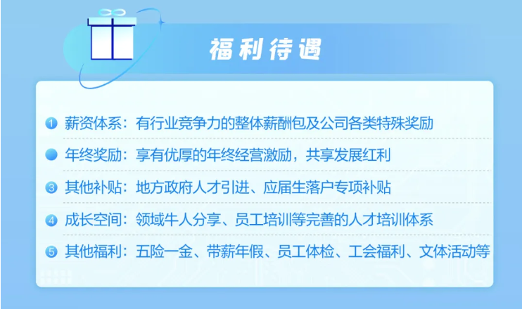 <p>福利待遇</p> <p>薪资体系：有行业竞争力的整体薪酬包及公司各类特殊奖励</p> <p>年终奖励：享有优厚的年终经营激励，共享发展红利</p> <p>其他补贴：地方政府人才引进、应届生落户专项补贴</p> <p>成长空间：领域牛人分享、员工培训等完善的人才培训体系</p> <p>其他福利：五险一金、带薪年假、员工体检、工会福利、文体活动等</p>