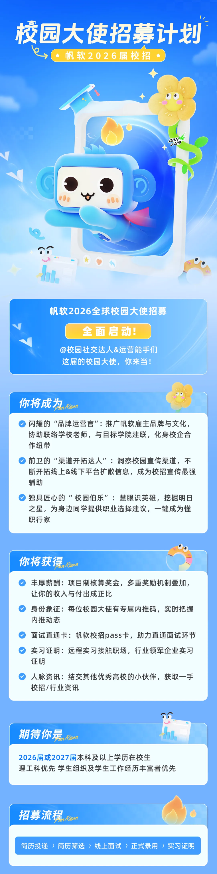 <p>校园大使招募计划</p> <p>帆软2026届校招</p> <p>巴LUS</p> <p>帆软2026全球校园大使招募</p> <p>全面启动!</p> <p>@校园社交达人&运营能手们</p> <p>这届的校园大使，你来当!</p> <p>你将成为</p> <p>Ren</p> <p>闪耀的“品牌运营官:推广帆软雇主品牌与文化，</p> <p>协助联络学校老师，与目标学院建联，化身校企合</p> <p>作纽带</p> <p>前卫的“渠道开拓达人”:洞察校园宣传渠道，不</p> <p>断开拓线上&线下平台扩散信息，成为校招宣传最强</p> <p>辅助</p> <p>独具匠心的“校园伯乐”:慧眼识英雄，挖掘明日</p> <p>之星，为身边同学提供职业选择建议，一键成为懂</p> <p>职行家</p> <p>你将获得</p> <p>aRan</p> <p>丰厚薪酬:项目制核算奖金,多重奖励机制叠加，</p> <p>让你的收入与付出成正比</p> <p>身份象征：每位校园大使有专属内推码，实时把握</p> <p>内推动态</p> <p>面试直通卡:帆软校招pass卡,助力直通面试环节</p> <p>实习证明：远程实习接触职场，行业领军企业实习</p> <p>证明</p> <p>人脉资讯：结交其他优秀高校的小伙伴，获取一手</p> <p>校招/行业资讯</p> <p>期待你是</p> <p>FaRean</p> <p>2026届或2027届本科及以上学历在校生</p> <p>理工科优先 学生组织及学生工作经历丰富者优先</p> <p>招募流程</p> <p>Rauan</p> <p>简历投递〉简历筛选〉线上面试〉正式录用〉实习证明</p>