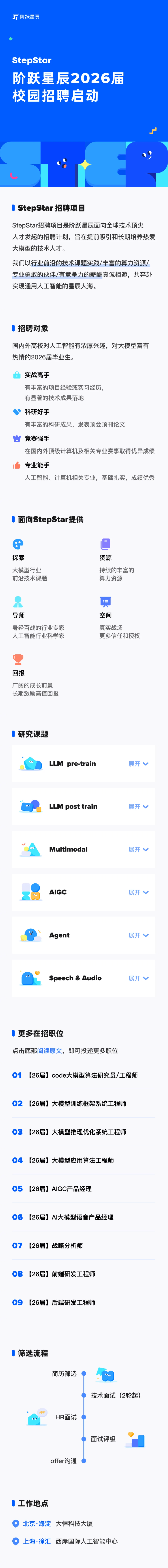 <p>厂阶跃星辰</p> <p>StepStar</p> <p>阶跃星辰2026届</p> <p>校园招聘启动</p> <p>O StepStar招聘项目</p> <p>StepStar招聘项目是阶跃星辰面向全球技术顶尖</p> <p>人才发起的招聘计划，旨在提前吸引和长期培养热爱</p> <p>大模型的技术人才。</p> <p>我们以行业前沿的技术课题实践/丰富的算力资源/</p> <p>专业勇敢的伙伴/有竞争力的薪酬真诚相邀，共奔赴</p> <p>实现通用人工智能的星辰大海。</p> <p>招聘对象</p> <p>国内外高校对人工智能有浓厚兴趣,对大模型富有</p> <p>热情的2026届毕业生。</p> <p>实战高手</p> <p>有丰富的项目经验或实习经历，</p> <p>有显著的技术成果落地</p> <p>科研好手</p> <p>有丰富的科研成果，发表顶会顶刊论文</p> <p>竞赛强手</p> <p>在国内外顶级计算机及相关专业赛事取得优异成绩</p> <p>专业能手</p> <p>人工智能、计算机相关专业,基础扎实，成绩优秀</p> <p>面向StepStar提供</p> <p>探索</p> <p>资源</p> <p>大模型行业</p> <p>持续的丰富的</p> <p>前沿技术课题</p> <p>算力资源</p> <p>导师</p> <p>空间</p> <p>身经百战的行业专家</p> <p>真实战场</p> <p>人工智能行业科学家</p> <p>更多信任和授权</p> <p>回报</p> <p>广阔的成长前景</p> <p>长期激励高值回报</p> <p>研究课题</p> <p>LLM pre-train</p> <p>展开</p> <p>LLM post train</p> <p>展开</p> <p>Multimodal</p> <p>展开</p> <p>AIGC</p> <p>展开</p> <p>Agent</p> <p>展开</p> <p>Speech & Audio</p> <p>展开</p> <p>更多在招职位</p> <p>点击底部阅读原文,即可投递更多职位</p> <p>01</p> <p>【(26届】code大模型算法研究员/工程师</p> <p>02</p> <p>【26届】大模型训练框架系统工程师</p> <p>03</p> <p>【26届】大模型推理优化系统工程师</p> <p>04</p> <p>【26届】大模型应用算法工程师</p> <p>05</p> <p>【(26届】AIGC产品经理</p> <p>06</p> <p>(26届】AI大模型语音产品经理</p> <p>07</p> <p>【26届】战略分析师</p> <p>08</p> <p>【26届】前端研发工程师</p> <p>09</p> <p>【26届后端研发工程师</p> <p>筛选流程</p> <p>简历筛选</p> <p>技术面试(2轮起)</p> <p>HR面试</p> <p>面试评级</p> <p>offer沟通</p> <p>工作地点</p> <p>北京·海淀</p> <p>大恒科技大厦</p> <p>上海·徐汇</p> <p>西岸国际人工智能中心</p>