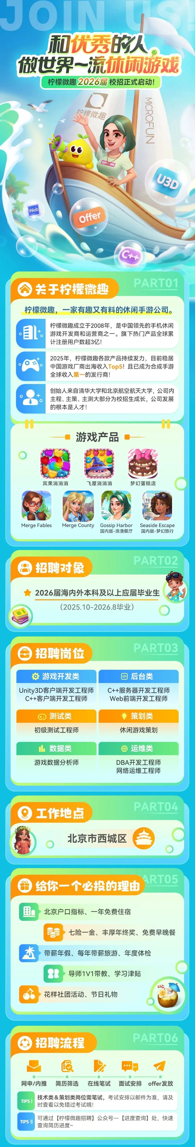 <p>JON</p> <p>和优秀的欢</p> <p>做世界一流体麻游戏</p> <p>柠檬微趣2026/届校招正式启动!</p> <p>MICROFUN</p> <p>安荣康超</p> <p>SUPR</p> <p>ONT</p> <p>U3D</p> <p>Web</p> <p>offer</p> <p>+</p> <p>PARTO1</p> <p>关于柠檬微趣</p> <p>柠檬微趣</p> <p>一家有趣又有料的休闲手游公司。</p> <p>目</p> <p>柠檬微趣成立于2008年，是中国领先的手机休闲</p> <p>游戏开发商和运营商之一。旗下热门产品全球累</p> <p>计注册用户数超3亿!</p> <p>2025年，柠檬微趣各款产品持续发力，目前稳居</p> <p>中国游戏厂商出海收入Top5!且已成为合成手游</p> <p>全球收入第一的发行商！</p> <p>创始人来自清华大学和北京航空航天大学,公司内</p> <p>主程、主策、主测大部分为校招生成长,公司发展</p> <p>的根本是人才!</p> <p>游戏产品</p> <p>宾果消消消</p> <p>飞屋消消消</p> <p>梦幻蛋糕店</p> <p>Merge Fables</p> <p>Merge County</p> <p>Gossip Harbor</p> <p>Seaside Escape</p> <p>国内版-浪漫餐厅</p> <p>国内版-梦幻旅行</p> <p>PARTO2</p> <p>招聘对象</p> <p>2026届海内外本科及以上应届毕业生</p> <p>(2025.10-2026.8毕业</p> <p>PART03</p> <p>招聘岗位</p> <p>游戏开发类</p> <p>后台类</p> <p></5</p> <p>Unity3D客户端开发工程师</p> <p>C++服务器开发工程师</p> <p>C++客户端开发工程师</p> <p>Web前端开发工程师</p> <p>测试类</p> <p>策划类</p> <p>初级测试工程师</p> <p>休闲游戏策划</p> <p>数据类</p> <p>运维类</p> <p>游戏数据分析师</p> <p>DBA开发工程师</p> <p>网络运维工程师</p> <p>PARTO4</p> <p>工作地点</p> <p>北京市西城区</p> <p>ARTO5</p> <p>给你一个必投的理由</p> <p>思</p> <p>北京户口指标、一年免费住宿</p> <p>吉</p> <p>七险一金、丰厚年终奖、免费早晚餐</p> <p>大</p> <p>带薪年假、每年带薪旅游、年度体检</p> <p>导师1V1带教、学习津贴</p> <p>花样社团活动、节日礼物</p> <p>PART06</p> <p>招聘流程</p> <p>网申/内推</p> <p>简历筛选</p> <p>在线笔试</p> <p>面试安排</p> <p>offer发放</p> <p>技术类&策划类岗位需笔试，考试安排以邮件为准,请及</p> <p>TIPS|</p> <p>时查看以免错过考试哦</p> <p>可通过【柠檬微趣招聘】公众号一【进度查询】处，快速</p> <p>TIPSlII</p> <p>查询简历进度~</p>