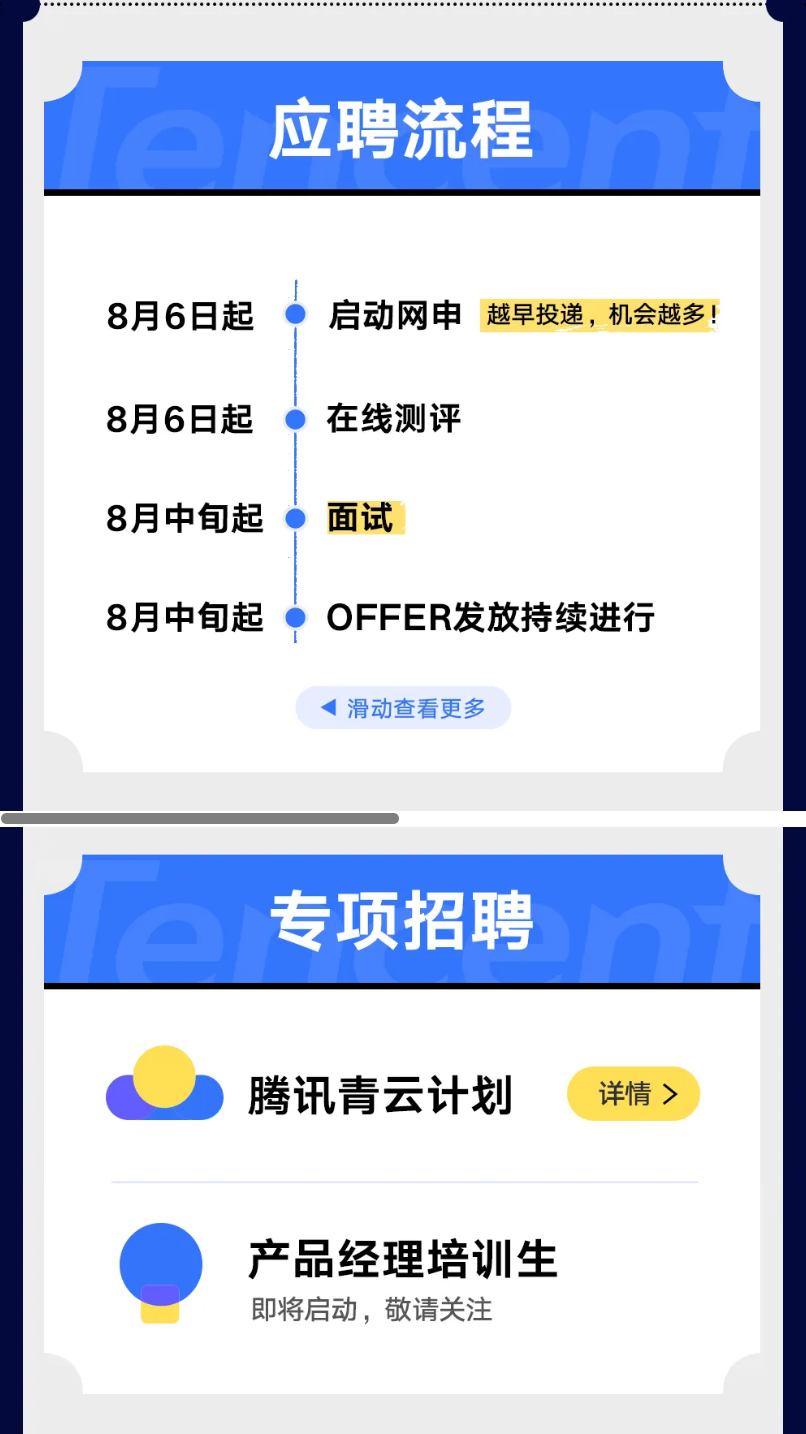 <p>应聘流程</p> <p>8月6日起</p> <p>启动网电</p> <p>越早投递,机会越多！</p> <p>8月6日起</p> <p>在线测评</p> <p>8月中旬起</p> <p>面试</p> <p>8月中旬起</p> <p>OFFER发放持续进行</p> <p>滑动查看更多</p> <p>专项招聘</p> <p>腾讯青云计划</p> <p>详情></p> <p>产品经理培训生</p> <p>即将启动，敬请关注</p>