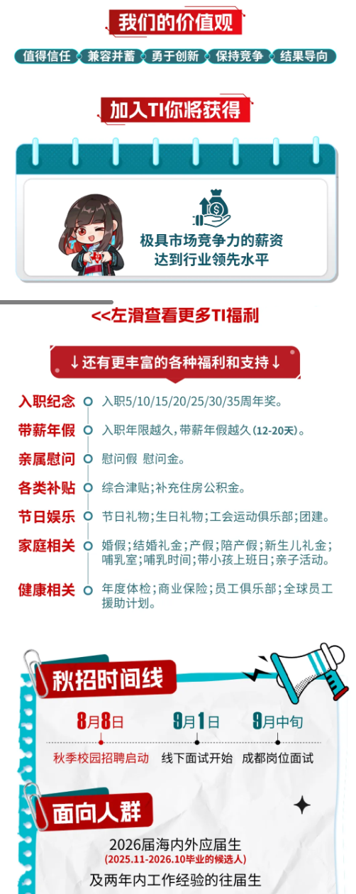 <p>我们的价值观</p> <p>值得信任</p> <p>兼容并蓄勇于创新</p> <p>保持竞争</p> <p>结果导向</p> <p>加入T你将获得</p> <p>极具市场竞争力的薪资</p> <p>达到行业领先水平</p> <p><左滑查看更多T福利</p> <p>↓还有更丰富的各种福利和支持、</p> <p>入职纪念</p> <p>入职5/10/15/20/25/30/35周年奖。</p> <p>带薪年假</p> <p>9</p> <p>入职年限越久，带薪年假越久（12-20天)。</p> <p>亲属慰问</p> <p>慰问假 慰问金。</p> <p>各类补贴</p> <p>综合津贴;补充住房公积金。</p> <p>节日娱乐</p> <p>节日礼物;生日礼物；工会运动俱乐部；团建。</p> <p>家庭相关</p> <p>婚假；结婚礼金；产假;陪产假;新生儿礼金；</p> <p>哺乳室;哺乳时间；带小孩上班日；亲子活动。</p> <p>健康相关</p> <p>年度体检；商业保险；员工俱乐部；全球员工</p> <p>援助计划。</p> <p>秋招时间线</p> <p>8月8日</p> <p>9月1日</p> <p>9月中旬</p> <p>秋季校园招聘启动</p> <p>线下面试开始</p> <p>成都岗位面试</p> <p>面向人群</p> <p>2026届海内外应届生</p> <p>(2025.11-2026.10毕业的候选人)</p> <p>及两年内工作经验的往届生</p>