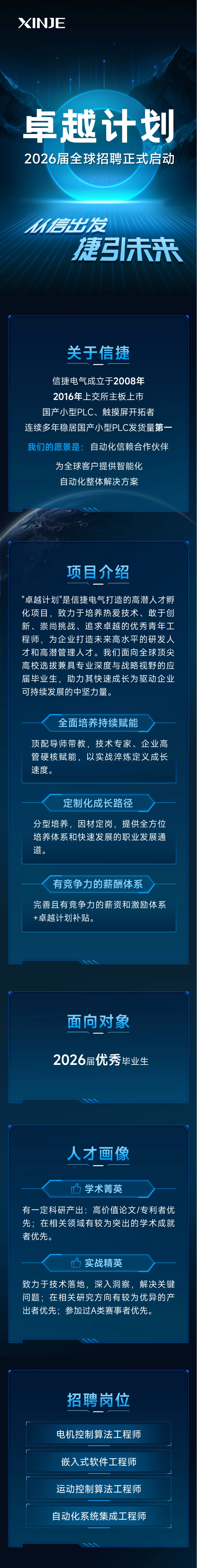 <p>XINE</p> <p>卓越计划</p> <p>2026届全球招聘正式启动</p> <p>L玛发</p> <p>居朱来</p> <p>关于信捷</p> <p>信捷电气成立于2008年</p> <p>2016年上交所主板上市</p> <p>国产小型PLC、触摸屏开拓者</p> <p>连续多年稳居国产小型PLC发货量第一</p> <p>我们的愿景是：自动化信赖合作伙伴</p> <p>为全球客户提供智能化</p> <p>自动化整体解决方案</p> <p>项目介绍</p> <p>"卓越计划"是信捷电气打造的高潜人才孵</p> <p>化项目，致力于培养热爱技术、敢于创</p> <p>新、崇尚挑战、追求卓越的优秀青年工</p> <p>程师，为企业打造未来高水平的研发人</p> <p>才和高潜管理人才。我们面向全球顶尖</p> <p>高校选拔兼具专业深度与战略视野的应</p> <p>届毕业生，助力其快速成长为驱动企业</p> <p>可持续发展的中坚力量。</p> <p>全面培养持续赋能</p> <p>顶配导师带教,技术专家、企业高</p> <p>管硬核赋能，以实战淬炼定义成长</p> <p>速度。</p> <p>定制化成长路径</p> <p>分型培养，因材定岗，提供全方位</p> <p>培养体系和快速发展的职业发展通</p> <p>道。</p> <p>有竞争力的薪酬体系</p> <p>完善且有竞争力的薪资和激励体系</p> <p>+卓越计划补贴。</p> <p>面向对象</p> <p>2026届优秀</p> <p>香毕业生</p> <p>人才画像</p> <p>学术菁英</p> <p>有一定科研产出：高价值论文/专利者优</p> <p>先；在相关领域有较为突出的学术成就</p> <p>者优先。</p> <p>实战精英</p> <p>致力于技术落地,深入洞察,解决关键</p> <p>问题；在相关研究方向有较为优异的产</p> <p>出者优先；参加过A类赛事者优先。</p> <p>招聘岗位</p> <p>电机控制算法工程师</p> <p>嵌入式软件工程师</p> <p>运动控制算法工程师</p> <p>自动化系统集成工程师</p>