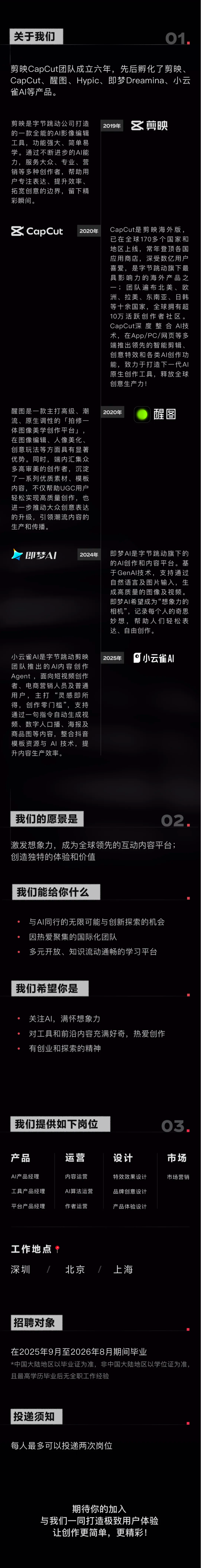 <p>关于我们</p> <p>O1</p> <p>剪映CapCut团队成立六年，先后孵化了剪映</p> <p>CapCut、醒图、Hypic、即梦Dreamina、小云</p> <p>雀AI等产品。</p> <p>剪映是字节跳动公司打造</p> <p>区剪映</p> <p>2019年</p> <p>的一款全能的A丨影像编辑</p> <p>工具,功能强大、简单易</p> <p>学。通过不断进步的AI能</p> <p>力，服务大众、专业、营</p> <p>销等多种创作者,帮助用</p> <p>户专注表达、提升效率、</p> <p>拓宽创意的边界,留下精</p> <p>彩瞬间。</p> <p>X CapCut</p> <p>2020年</p> <p>CapCut是剪映海外版，</p> <p>已在全球170多个国家和</p> <p>地区上线，常年登顶各国</p> <p>应用商店,深受数亿用户</p> <p>喜爱，是字节跳动旗下最</p> <p>具影响力的海外产品之</p> <p>一；团队遍布北美、欧</p> <p>洲、拉美、东南亚、日韩</p> <p>等十余国家,全球拥有超</p> <p>10万活跃创作者社区。</p> <p>CapCut深度整合Al技</p> <p>术，在App/PC/网页等多</p> <p>端推出领先的智能剪辑、</p> <p>创意特效和各类A创作功</p> <p>能,致力于打造下一代A</p> <p>原生创作工具,释放全球</p> <p>创意生产力!</p> <p>醒图是一款主打高级、潮</p> <p>2020年</p> <p>醒图</p> <p>流、原生调性的「拍修一</p> <p>体图像美学创作平台」，</p> <p>在图像编辑、人像美化、</p> <p>创意玩法等方面具有显著</p> <p>优势。同时，端内汇集众</p> <p>多高审美的创作者，沉淀</p> <p>了一系列优质素材、模板</p> <p>内容，不仅帮助UGC用户</p> <p>轻松实现高质量创作,也</p> <p>进一步推动大众创意表达</p> <p>的升级，引领潮流内容的</p> <p>生产和传播。</p> <p>即梦A</p> <p>2024年</p> <p>即梦A丨是字节跳动旗下的</p> <p>的AI创作和内容平台。基</p> <p>于GenAl技术，支持通过</p> <p>自然语言及图片输入,生</p> <p>成高质量的图像及视频。</p> <p>即梦A丨希望成为“想象力的</p> <p>相机”，记录每个人的奇思</p> <p>妙想,帮助人们轻松表</p> <p>达、自由创作。</p> <p>小云雀AI是字节跳动剪映</p> <p>2025年</p> <p>小云雀AI</p> <p>团队推出的AI内容创作</p> <p>Agent，面向短视频创作</p> <p>者、电商营销人员及普通</p> <p>用户，主打“灵感即所</p> <p>得，创作零门槛，支持</p> <p>通过一句指令自动生成视</p> <p>频、数字人口播、海报及</p> <p>商品图等内容,整合抖音</p> <p>模板资源与A丨技术，提</p> <p>升内容生产效率。</p> <p>我们的愿景是</p> <p>02</p> <p>激发想象力，成为全球领先的互动内容平台；</p> <p>创造独特的体验和价值</p> <p>我们能给你什么</p> <p>与AI同行的无限可能与创新探索的机会</p> <p>因热爱聚集的国际化团队人</p> <p>多元开放、知识流动通畅的学习平台</p> <p>我们希望你是</p> <p>关注Al,满怀想象力</p> <p>对工具和前沿内容充满好奇,热爱创作</p> <p>有创业和探索的精神</p> <p>我们提供如下岗位</p> <p>O3</p> <p>产品</p> <p>运营</p> <p>设计</p> <p>市场</p> <p>AI产品经理</p> <p>内容运营</p> <p>特效效果设计</p> <p>市场营销</p> <p>工具产品经理</p> <p>AI算法运营</p> <p>品牌创意设计</p> <p>平台产品经理</p> <p>作者运营</p> <p>产品体验设计</p> <p>工作地点</p> <p>深圳</p> <p>北京</p> <p>上海</p> <p>招聘对象</p> <p>在2025年9月至2026年8月期间毕业</p> <p>*中国大陆地区以毕业证为准，非中国大陆地区以学位证为准</p> <p>且最高学历毕业后无全职工作经验</p> <p>投递须知</p> <p>每人最多可以投递两次岗位</p> <p>期待你的加入</p> <p>与我们一同打造极致用户体验</p> <p>让创作更简单,更精彩！</p>