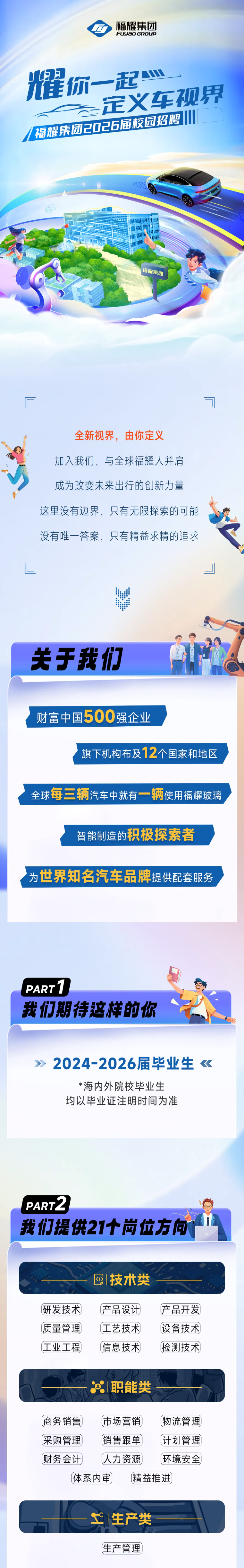 <p>福耀集团</p> <p>FUYaO GROUP</p> <p>雅</p> <p>T</p> <p>你一起</p> <p>定火车视界</p> <p>福耀集团2026届校园招聘</p> <p>福耀集团</p> <p>全新视界，由你定义</p> <p>加入我们，与全球福耀人并肩</p> <p>成为改变未来出行的创新力量</p> <p>这里没有边界，只有无限探索的可能</p> <p>没有唯一答案，只有精益求精的追求</p> <p>关于我们</p> <p>财富中国500</p> <p>强企业</p> <p>旗下机构布及12个国家和地区</p> <p>全球</p> <p>每三辆汽车中就有一辆</p> <p>使用福耀玻璃</p> <p>智能制造的木</p> <p>积极探索者</p> <p>为</p> <p>世界知名汽车品牌</p> <p>早提供配套服务</p> <p>PART</p> <p>我们期待这样的你</p> <p>#</p> <p>2024-2026届毕业生</p> <p>嘿瘗</p> <p>*海内外院校毕业生</p> <p>均以毕业证注明时间为准</p> <p>PART</p> <p>人</p> <p>我们提供21个岗位方包</p> <p>技术类</p> <p>7></p> <p>研发技术</p> <p>产品设计</p> <p>产品开发</p> <p>质量管理</p> <p>工艺技术</p> <p>设备技术</p> <p>工业工程</p> <p>信息技术</p> <p>检测技术</p> <p>职能类</p> <p>商务销售</p> <p>市场营销</p> <p>物流管理</p> <p>采购管理</p> <p>销售跟单</p> <p>计划管理</p> <p>财务会计</p> <p>人力资源</p> <p>环境安全</p> <p>体系内审</p> <p>精益推进</p> <p>艾生产类</p> <p>生产管理</p>