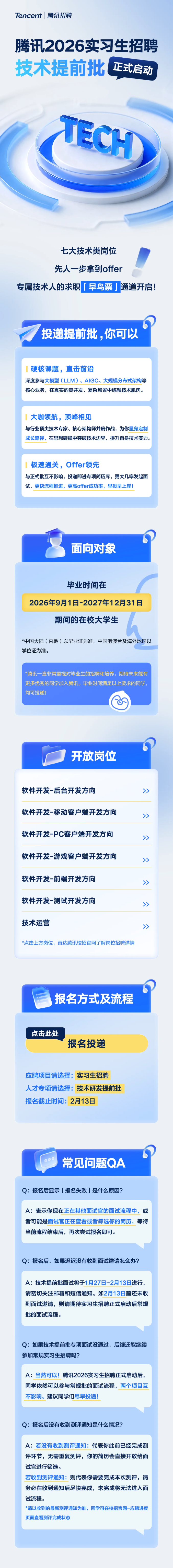 <p>Tencent 腾讯招聘</p> <p>腾讯2026实习生招聘</p> <p>技术提前批</p> <p>正式启动</p> <p>TECH</p> <p>七大技术类岗位</p> <p>先人一步拿到offer</p> <p>专属技术人的求职</p> <p>「早鸟票」</p> <p>通道开启!</p> <p>投递提前批,你可以</p> <p>硬核课题，直击前沿</p> <p>深度参与大模型（LLM）、AIGC、大规模分布式架构等</p> <p>核心业务，在真实的高并发、复杂场景中练就技术肌肉。</p> <p>大咖领航,顶峰相见</p> <p>与行业顶尖技术专家、核心架构师并肩作战，为你量身定制</p> <p>成长路径，在思想碰撞中突破技术边界，提升自身技术实力。</p> <p>4</p> <p>极速通关，Offer领先</p> <p>与正式批互不影响，投递即进专项简历库，更大几率发起面</p> <p>试，更快流程推进，更高offer成功率，早投早上岸！</p> <p>面向对象</p> <p>毕业时间在</p> <p>2026年9月1日-2027年12月31日</p> <p>期间的在校大学生</p> <p>*中国大陆（内地）以毕业证为准，中国港澳台及海外地区以</p> <p>学位证为准。</p> <p>*腾讯一直非常重视对毕业生的招聘和培养，期待未来能有</p> <p>更多优秀的同学加入腾讯。毕业时间满足以上要求的同学</p> <p>均可投递！</p> <p>O</p> <p>开放岗位</p> <p>软件开发-后台开发方向</p> <p>软件开发-移动客户端开发方向</p> <p>软件开发-PC客户端开发方向</p> <p>软件开发-游戏客户端开发方向</p> <p>软件开发-前端开发方向</p> <p>软件开发-测试开发方向</p> <p>技术运营</p> <p>*点击上方岗位，直达腾讯校招官网了解岗位招聘详情</p> <p>报名方式及流程</p> <p>点击此处</p> <p>报名投递</p> <p>应聘项目请选择：</p> <p>实习生招聘</p> <p>人才专项请选择：</p> <p>技术研发提前批</p> <p>报名截止时间</p> <p>2月13日</p> <p>000</p> <p>常见问题QA</p> <p>Q：报名后显示【报名失败】是什么原因?</p> <p>A：表示你现在正在其他面试官的面试流程中，或</p> <p>者可能是面试官正在查看或者筛选你的简历，等待</p> <p>当前流程结束后，</p> <p>再次尝试报名即可。</p> <p>Q:报名后，如果迟迟没有收到面试邀请怎么办?</p> <p>A：技术提前批面试将于1月27日-2月13日进行，</p> <p>请密切关注邮箱和短信通知。如2月13日前还未收</p> <p>到面试邀请，则请期待实习生招聘正式启动后常规</p> <p>批的面试流程。</p> <p>Q：如果技术提前批专项面试没通过，后续还能继续</p> <p>参加常规实习生招聘吗?</p> <p>A:</p> <p>当然可以！</p> <p>腾讯2026实习生招聘正式启动后</p> <p>同学依然可以参与常规批的面试流程，两个项目互</p> <p>不影响。建议同学们尽早投递！</p> <p>Q：报名后没有收到测评通知是什么情况?</p> <p>A：若没有收到测评通知：代表你此前已经完成测</p> <p>评环节，无需重复测评，你的简历会直接开放给面</p> <p>试官进行筛选。</p> <p>若收到测评通知：则代表你需要完成本次测评，请</p> <p>务必在收到通知后尽快完成，未完成将无法进入面</p> <p>试流程。</p> <p>*请以收到的最新测评通知为准，同学可在校招官网-应聘进度</p> <p>页面查看测评完成状态</p>
