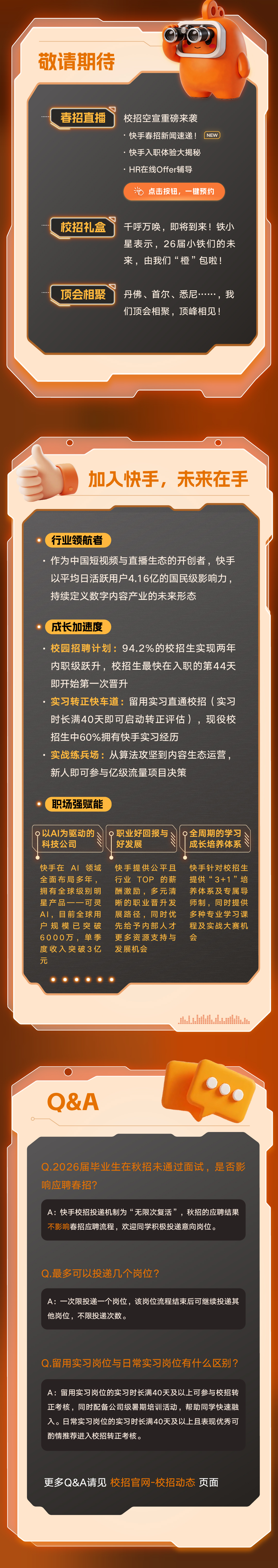 <p>敬请期待</p> <p>春招直播</p> <p>校招空宣重磅来袭</p> <p>快手春招新闻速递!</p> <p>NEW</p> <p>·快手入职体验大揭秘</p> <p>HR在线Offer辅导</p> <p>点击按钮，一键预约</p> <p>校招礼盒</p> <p>千呼万唤，即将到来！铁小</p> <p>星表示，26届小铁们的未</p> <p>来，由我们“橙”包啦!</p> <p>顶会相聚</p> <p>丹佛、首尔、悉尼,我</p> <p>们顶会相聚，顶峰相见!</p> <p>加入快手，</p> <p>未来在手</p> <p>行业领航者</p> <p>作为中国短视频与直播生态的开创者，快手</p> <p>以平均日活跃用户4.16亿的国民级影响力</p> <p>持续定义数字内容产业的未来形态</p> <p>成长加速度</p> <p>校园招聘计划：94.2%的校招生实现两年</p> <p>内职级跃升，校招生最快在入职的第44天</p> <p>即开始第一次普升</p> <p>实习转正快车道:留用实习直通校招（实习</p> <p>时长满40天即可启动转正评估）,现役校</p> <p>招生中60%拥有快手实习经历</p> <p>实战练兵场：从算法攻坚到内容生态运营</p> <p>新人即可参与亿级流量项目决策</p> <p>职场强赋能</p> <p>以A丨为驱动的</p> <p>职业好回报与</p> <p>全周期的学习</p> <p>科技公司</p> <p>好发展</p> <p>成长培养体系</p> <p>快手在A丨领域</p> <p>快手提供公平且</p> <p>快手针对校招生</p> <p>全面布局多年，</p> <p>行业 TOP的薪</p> <p>提供“3+1”培</p> <p>拥有全球级别明</p> <p>酬激励，多元清</p> <p>养体系及专属导</p> <p>星产品一一可灵</p> <p>晰的职业晋升发</p> <p>师制，同时提供</p> <p>AI，目前全球用</p> <p>展路径，同时优</p> <p>多种专业学习课</p> <p>户规模已突破</p> <p>先给予内部人才</p> <p>程及实战大赛机</p> <p>6000万，单季</p> <p>更多资源支持与</p> <p>会</p> <p>度收入突破3亿</p> <p>发展机会</p> <p>元</p> <p>Q&A</p> <p>Q.2026届毕业生在秋招未通过面试，是否影</p> <p>响应聘春招?</p> <p>A：快手校招投递机制为“无限次复活”，秋招的应聘结果</p> <p>不影响春招应聘流程,欢迎同学积极投递意向岗位。</p> <p>Q.最多可以投递几个岗位?</p> <p>A：一次限投递一个岗位，该岗位流程结束后可继续投递其</p> <p>他岗位，不限投递次数。</p> <p>Q.留用实习岗位与日常实习岗位有什么区别?</p> <p>A:留用实习岗位的实习时长满40天及以上可参与校招转</p> <p>正考核，同时配备公司级暑期培训活动，帮助同学快速融</p> <p>入。日常实习岗位的实习时长满40天及以上且表现优秀可</p> <p>酌情推荐进入校招转正考核。</p> <p>更多Q&A请见 校招官网-校招动态</p> <p>天页面</p>