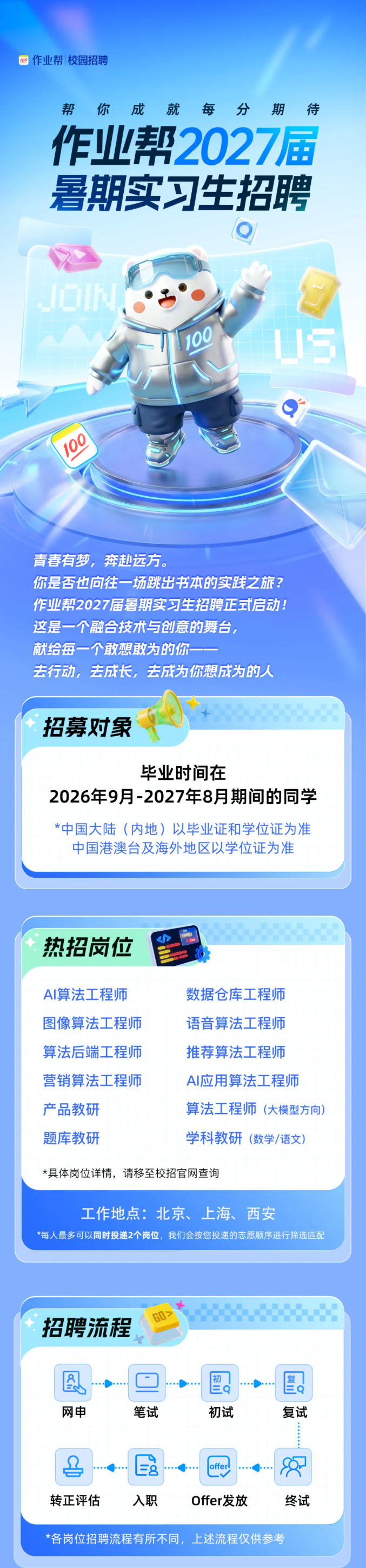 <p>作业帮|校园招聘</p> <p>帮</p> <p>开你成就每分期待</p> <p>作业热2027届</p> <p>暑期实习生招聘</p> <p>店</p> <p>100</p> <p>100</p> <p>青春有梦,奔赴远方。</p> <p>你是否也向往一场跳出书本的实践之旅?</p> <p>作业帮2027届暑期实习生招聘正式启动！</p> <p>这是一个融合技术与创意的舞台。</p> <p>献给每一个敢想敢为的你一一</p> <p>去行动，去成长，去成为你想成为的人</p> <p>店</p> <p>招募对象</p> <p>毕业时间在</p> <p>2026年9月-2027年8月期间的同学</p> <p>*中国大陆（内地)以毕业证和学位证为准</p> <p>中国港澳台及海外地区以学位证为准</p> <p>热招岗位</p> <p>Al算法工程师</p> <p>数据仓库工程师</p> <p>图像算法工程师</p> <p>语音算法工程师</p> <p>算法后端工程师</p> <p>推荐算法工程师</p> <p>营销算法工程师</p> <p>AI应用算法工程师</p> <p>产品教研</p> <p>算法工程师</p> <p>（大模型方向)</p> <p>题库教研</p> <p>学科教研</p> <p>千(数学/语文)</p> <p>*具体岗位详情,请移至校招官网查询</p> <p>工作地点:北京、上海、西安</p> <p>*每人最多可以同时投递2个岗位，我们会按您投递的志愿顺序进行筛选匹配</p> <p>招聘流程</p> <p>G0></p> <p>母</p> <p>网申</p> <p>笔试</p> <p>初试</p> <p>复试</p> <p>offer</p> <p>转正评估</p> <p>入职</p> <p>Offer发放</p> <p>终试</p> <p>*各岗位招聘流程有所不同，上述流程仅供参考</p>