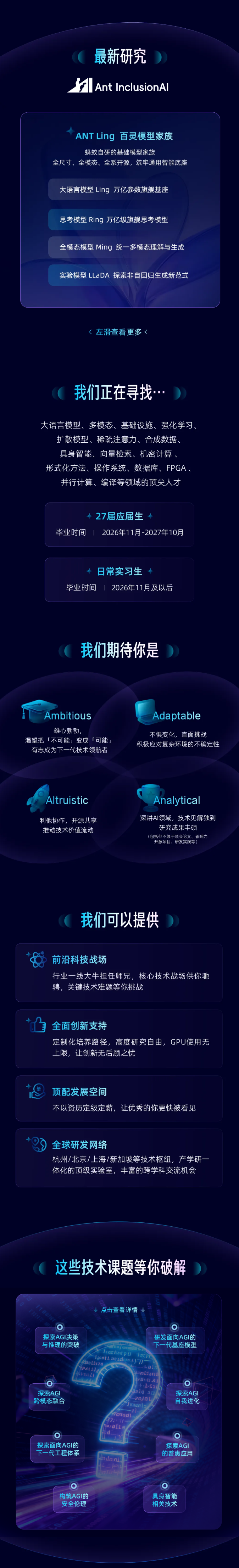 <p>最新研究</p> <p>Ant InclusionAl</p> <p>ANTLing 百灵模型家族</p> <p>蚂蚁自研的基础模型家族</p> <p>全尺寸、全模态、全系开源，筑牢通用智能底座</p> <p>大语言模型 Ling 万亿参数旗舰基座</p> <p>思考模型 Ring 万亿级旗舰思考模型</p> <p>全模态模型 Ming 统一多模态理解与生成</p> <p>实验模型 LLaDA 探索非自回归生成新范式</p> <p>&左滑查看更多〈</p> <p>我们正在寻找…</p> <p>大语言模型、多模态、基础设施、强化学习、</p> <p>扩散模型、稀疏注意力、合成数据、</p> <p>具身智能、向量检索、机密计算、</p> <p>形式化方法、操作系统、数据库、FPGA、</p> <p>并行计算、编译等领域的顶尖人才</p> <p>27届应届生</p> <p>比业时间</p> <p>2026年11月-2027年10月</p> <p>日常实习生</p> <p>毕业时间</p> <p>」2026年11月及以后</p> <p>我们期待你是</p> <p>Ambitious</p> <p>Adaptable</p> <p>雄心勃勃</p> <p>不惧变化，直面挑战</p> <p>渴望把「不可能」变成「可能」</p> <p>积极应对复杂环境的不确定性</p> <p>有志成为下一代技术领航者</p> <p>Altruistic</p> <p>Analytica</p> <p>利他协作，开源共享</p> <p>深耕Al领域，技术见解独到</p> <p>推动技术价值流动</p> <p>研究成果丰硕</p> <p>(包括但不限于顶会论文、影响力</p> <p>开源项目、研发实践等）</p> <p>我们可以提供</p> <p>前沿科技战场</p> <p>行业一线大牛担任师兄,核心技术战场供你驰</p> <p>骋，关键技术难题等你挑战</p> <p>全面创新支持</p> <p>定制化培养路径，高度研究自由,GPU使用无</p> <p>上限，让创新无后顾之忧</p> <p>顶配发展空间</p> <p>不以资历定级定薪，让优秀的你更快被看见</p> <p>全球研发网络</p> <p>杭州/北京/上海/新加坡等技术枢纽，产学研一</p> <p>体化的顶级实验室，丰富的跨学科交流机会</p> <p>这些技术课题等你破解</p> <p>点击查看详情</p> <p>探索AGI决策</p> <p>研发面向AGI的</p> <p>与推理的突破</p> <p>下一代基座模型</p> <p>1:crkudpU deji</p> <p>];cotL acudor4)-T)</p> <p>/kroliiza</p> <p>pA31]</p> <p>Lal</p> <p>kical</p> <p>-nlisnn</p> <p>rO-DAI</p> <p>+.1-03</p> <p>探索AGI</p> <p>alaan</p> <p>探索AGI</p> <p>跨模态融合</p> <p>70Ja1</p> <p>自我进化</p> <p>Jurenis</p> <p>/CTe0]</p> <p>-17</p> <p>47:1/-</p> <p>=:011a</p> <p>探索面向AGI的</p> <p>探索AGl</p> <p>下一代工程体系</p> <p>的普惠应用</p> <p>tdanl</p> <p>构筑AGI的</p> <p>具身智能</p> <p>安全伦理</p> <p>相关技术</p>