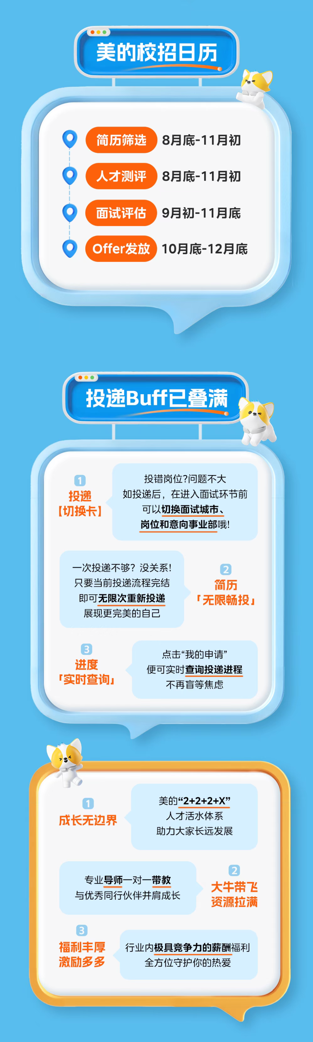 <p>美的校招日历</p> <p>简历筛选</p> <p>8月底-11月初</p> <p>人才测评</p> <p>8月底-11月初</p> <p>面试评估</p> <p>9月初-11月底</p> <p>Offer发放</p> <p>10月底-12月底</p> <p>投递Buff 叠满</p> <p>投错岗位?问题不大</p> <p>投递</p> <p>如投递后，在进入面试环节前</p> <p>【切换卡)</p> <p>可以切换面试城市、</p> <p>岗位和意向事业部哦!</p> <p>一次投递不够？没关系</p> <p>2</p> <p>只要当前投递流程完结</p> <p>简历</p> <p>即可无限次重新投递</p> <p>无限畅按』</p> <p>展现更完美的自己</p> <p>3</p> <p>点击“我的申请</p> <p>进度</p> <p>便可实时查询投递进程</p> <p>「实时查询」</p> <p>不再盲等焦虑</p> <p>美的“2+2+2+×”</p> <p>人才活水体系</p> <p>成长无边界</p> <p>助力大家长远发展</p> <p>专业导师一对一带教</p> <p>大牛带飞</p> <p>与优秀同行伙伴并肩成长</p> <p>资源拉满</p> <p>3</p> <p>福利丰厚</p> <p>行业内极具竞争力的薪酬福利</p> <p>激励多多</p> <p>全方位守护你的热爱</p>